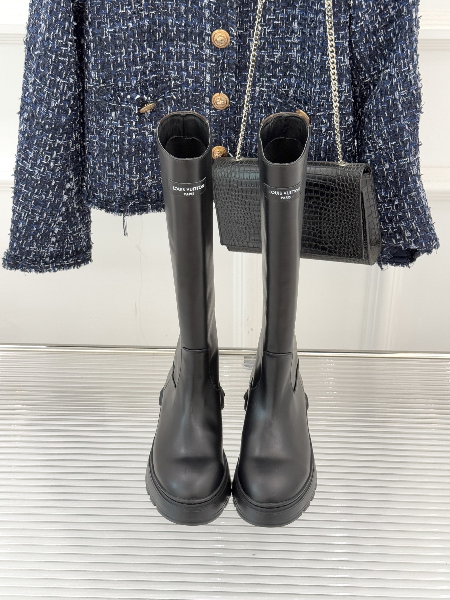 Louis Vuitton Black Leather Knee-High Boots with Monogram Detail