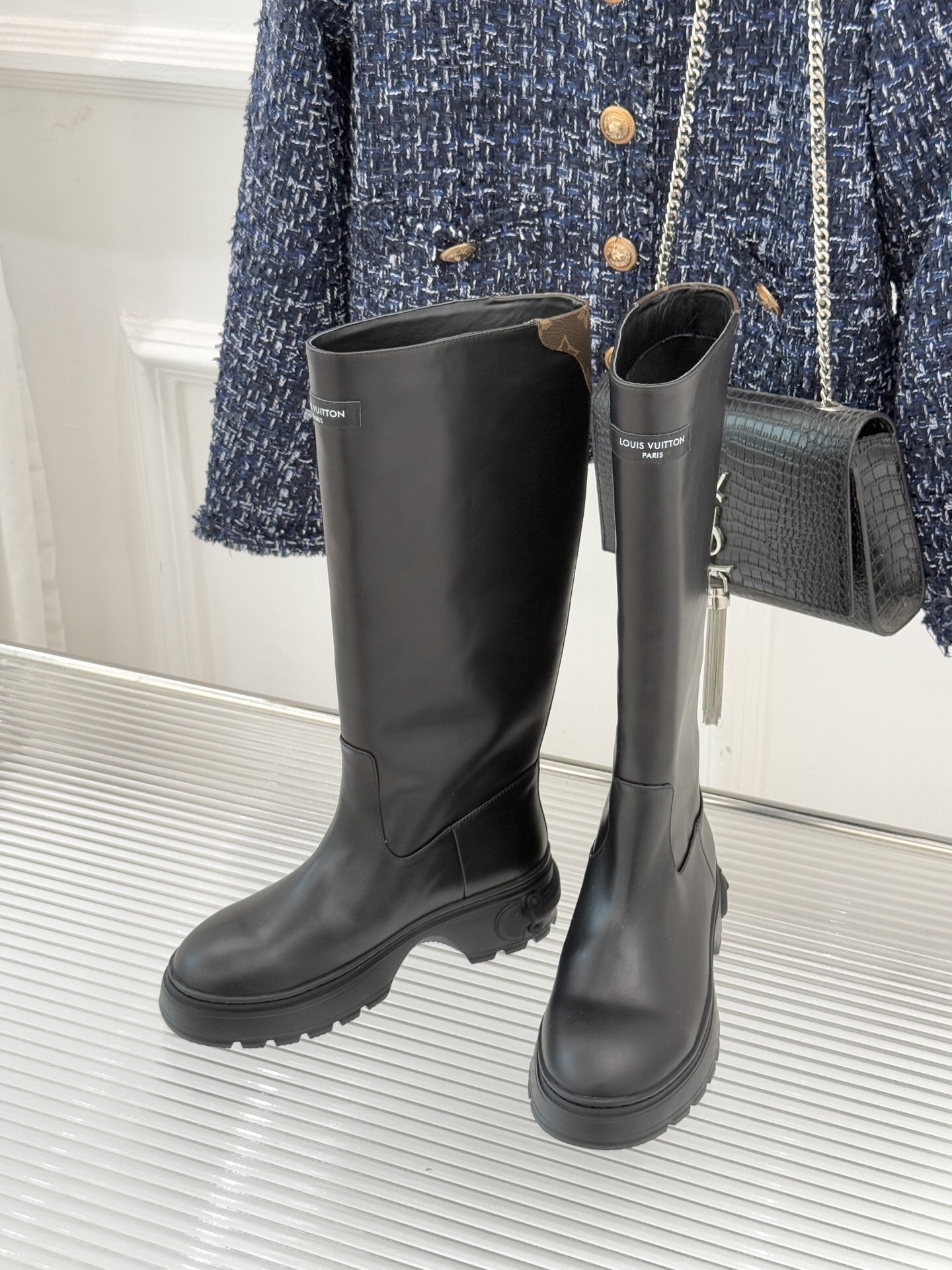 Louis Vuitton Black Leather Knee-High Boots with Monogram Detail