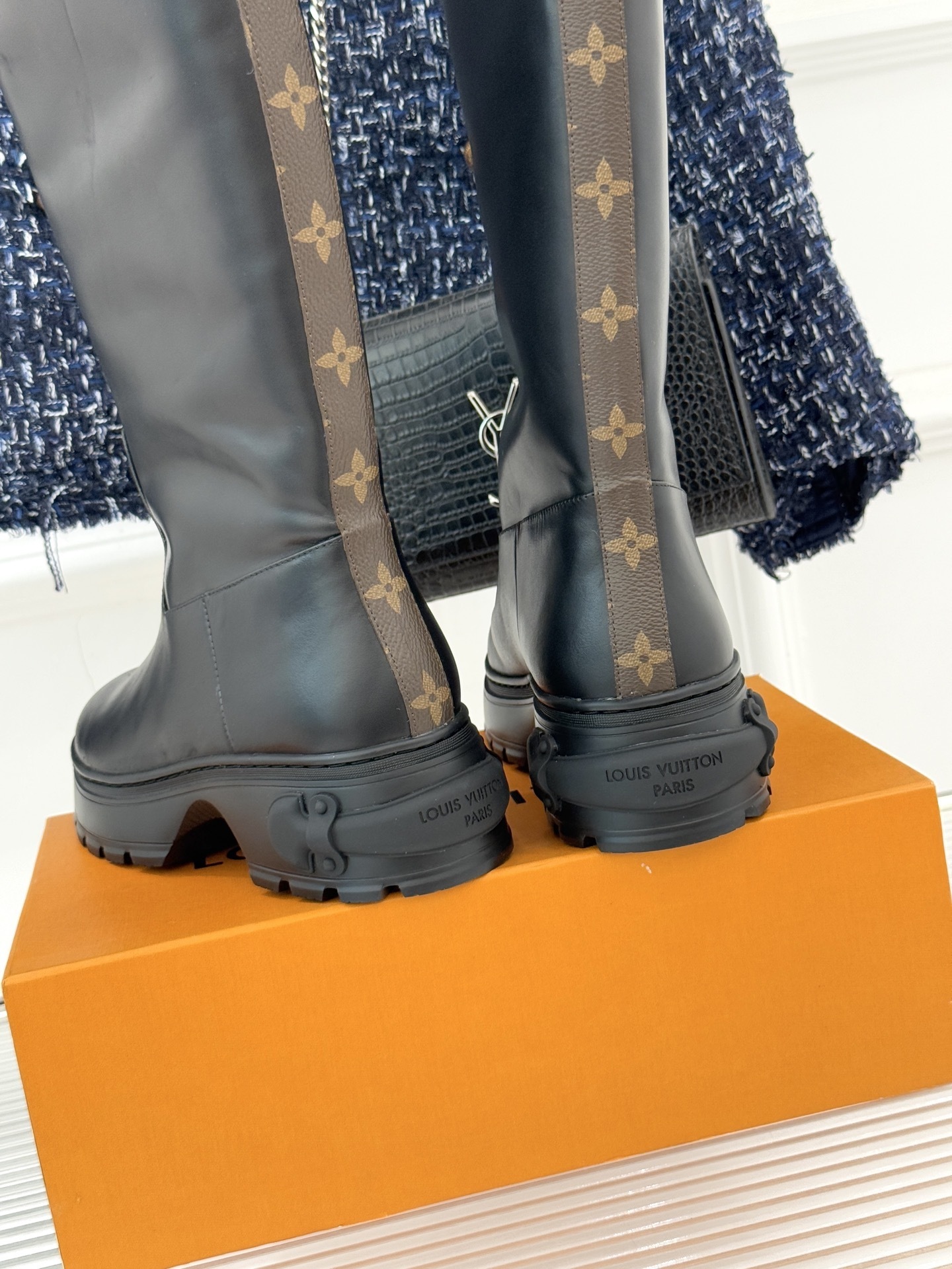 Louis Vuitton Territory Flat High Boot with White Fur Trim - Black