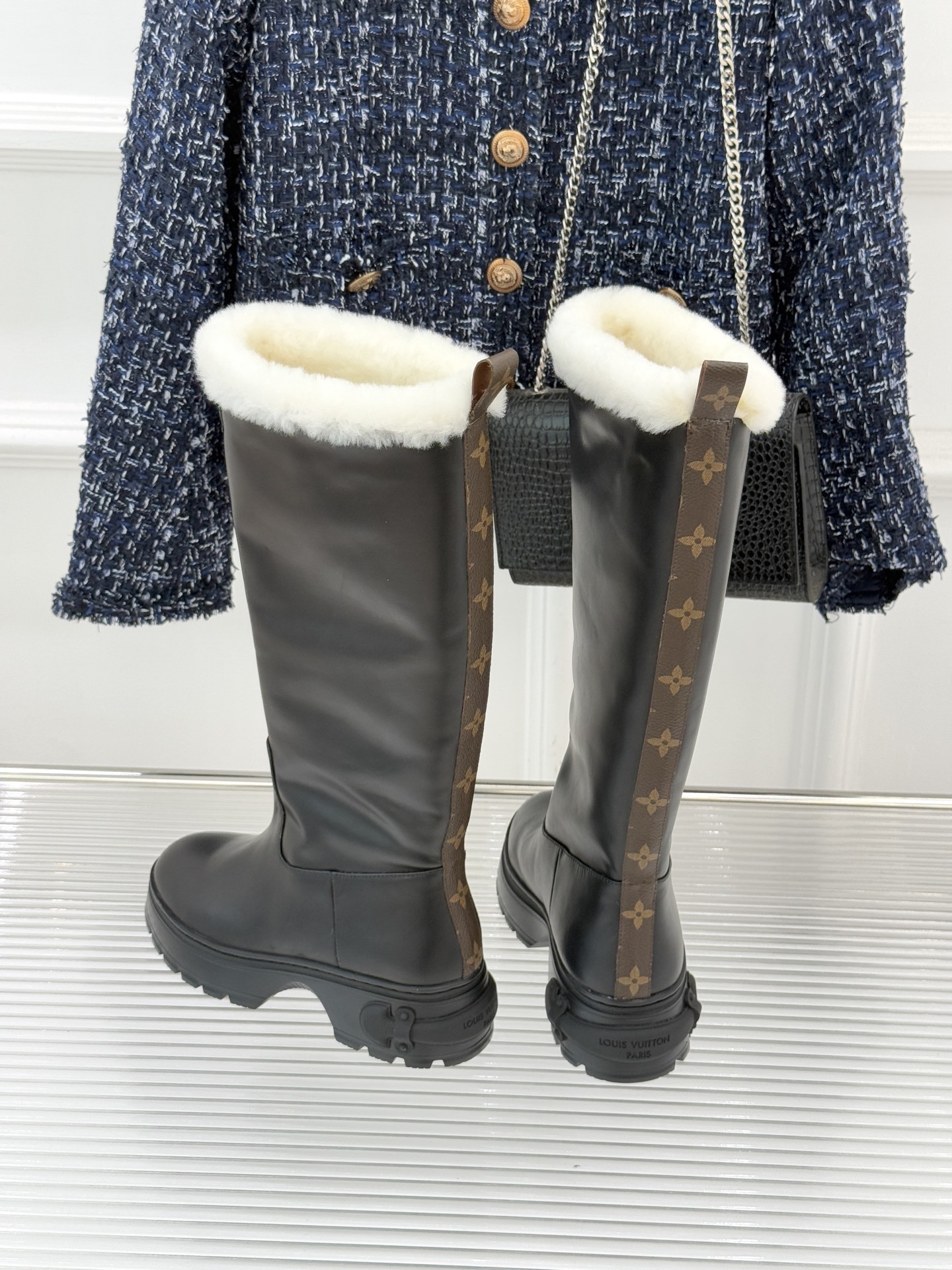 Louis Vuitton Territory Flat High Boot with White Fur Trim - Black