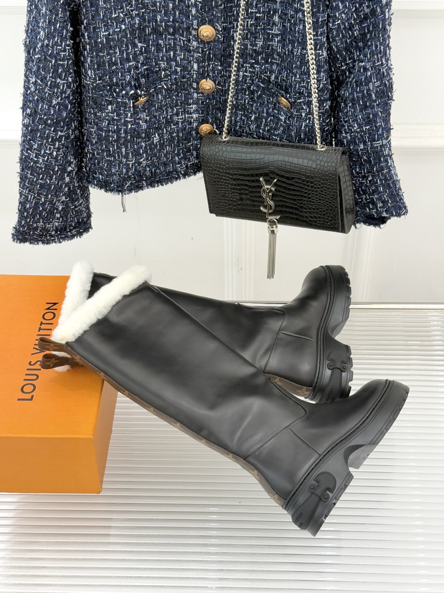 Louis Vuitton Territory Flat High Boot with White Fur Trim - Black