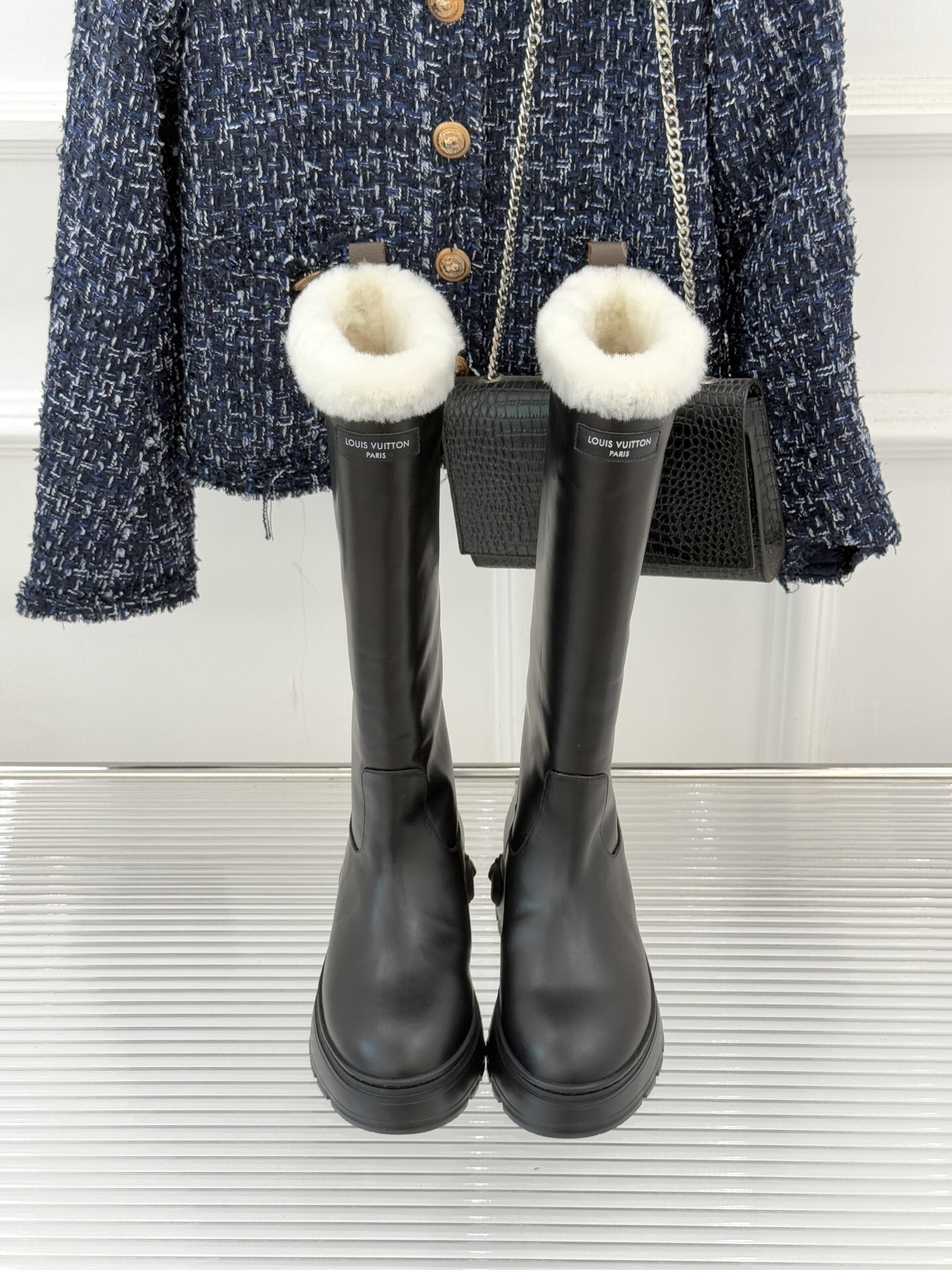 Louis Vuitton Territory Flat High Boot with White Fur Trim - Black