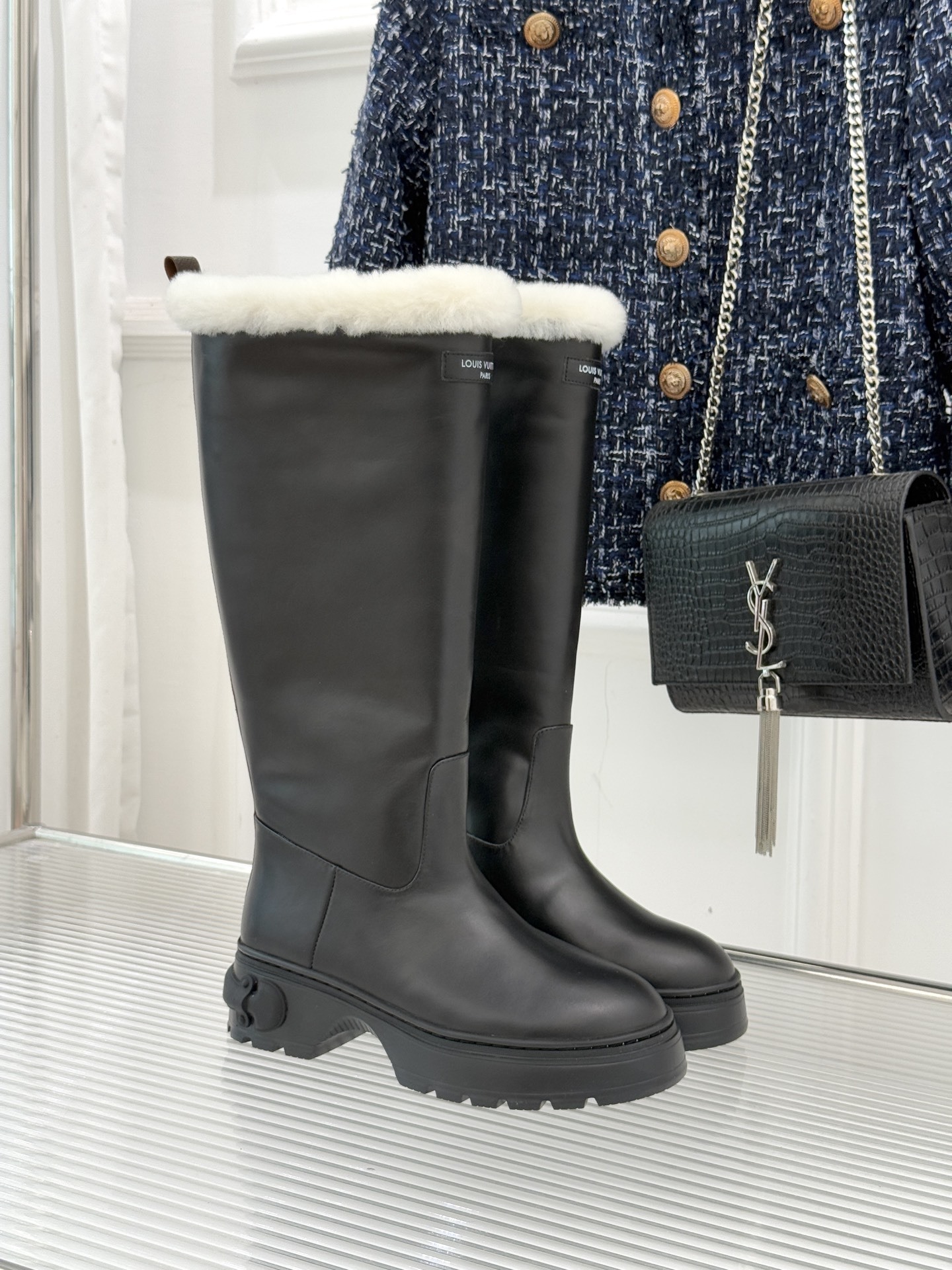 Louis Vuitton Territory Flat High Boot with White Fur Trim – Black