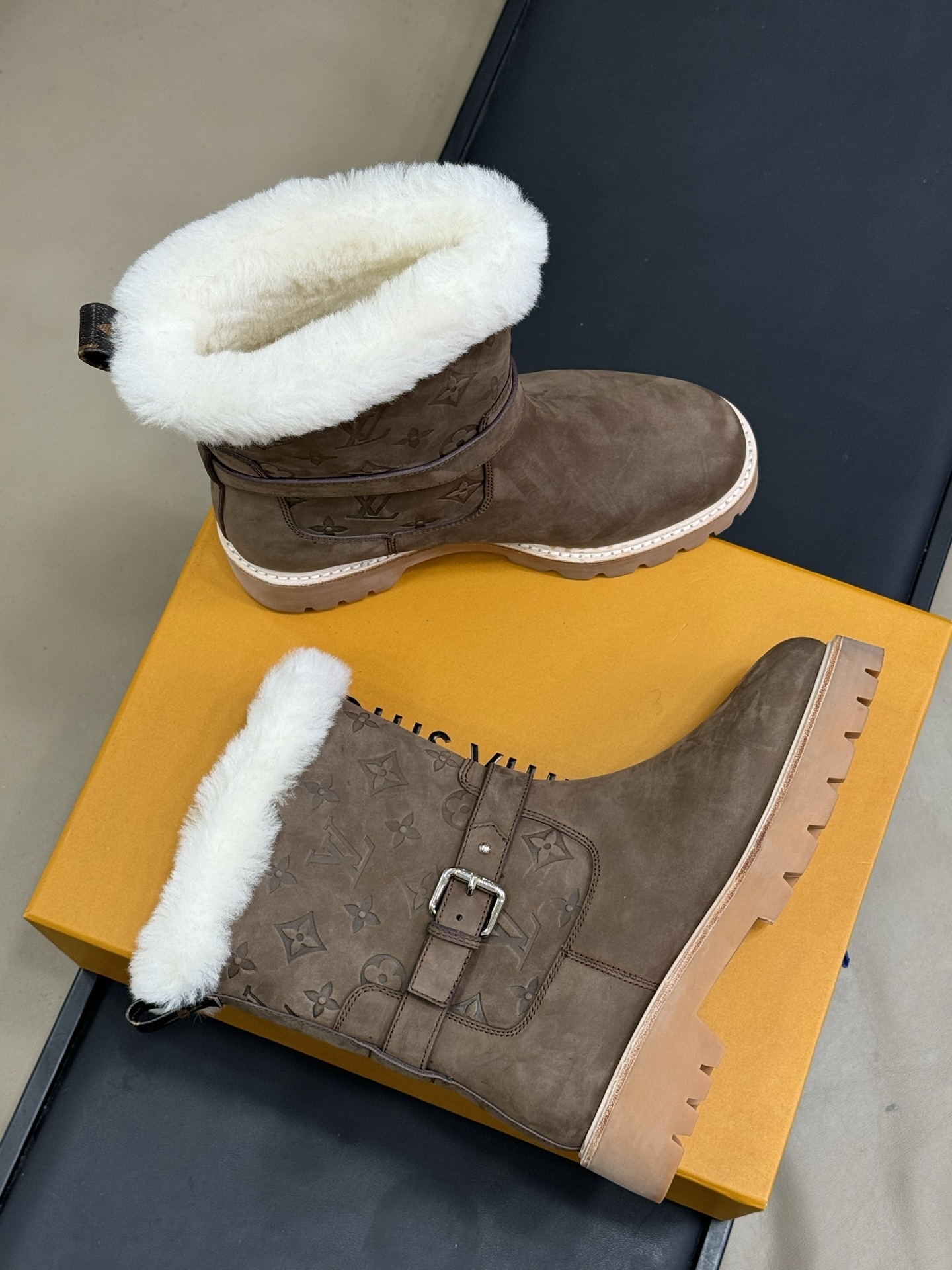 Louis Vuitton Monogram Suede Shearling Winter Boots - Taupe