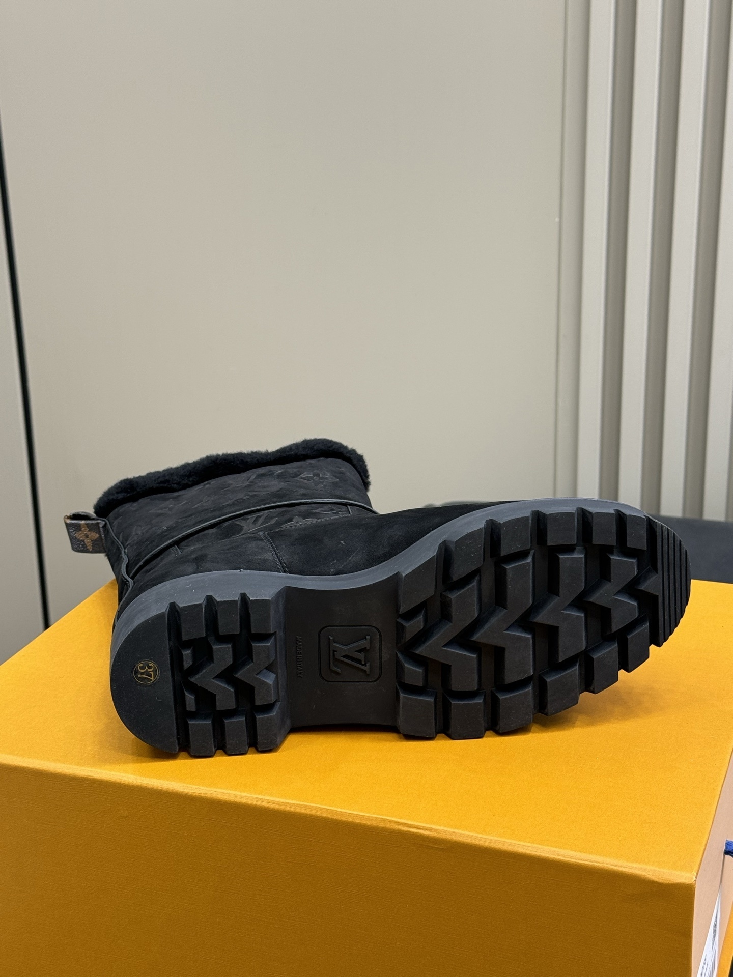 LV Monogram Black Suede Shearling Boots with Buckle Strap