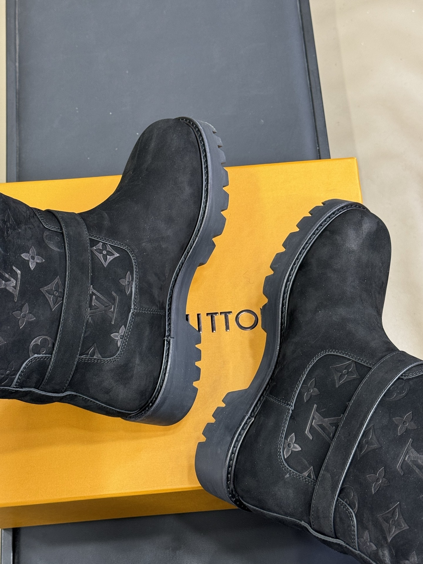 LV Monogram Black Suede Shearling Boots with Buckle Strap