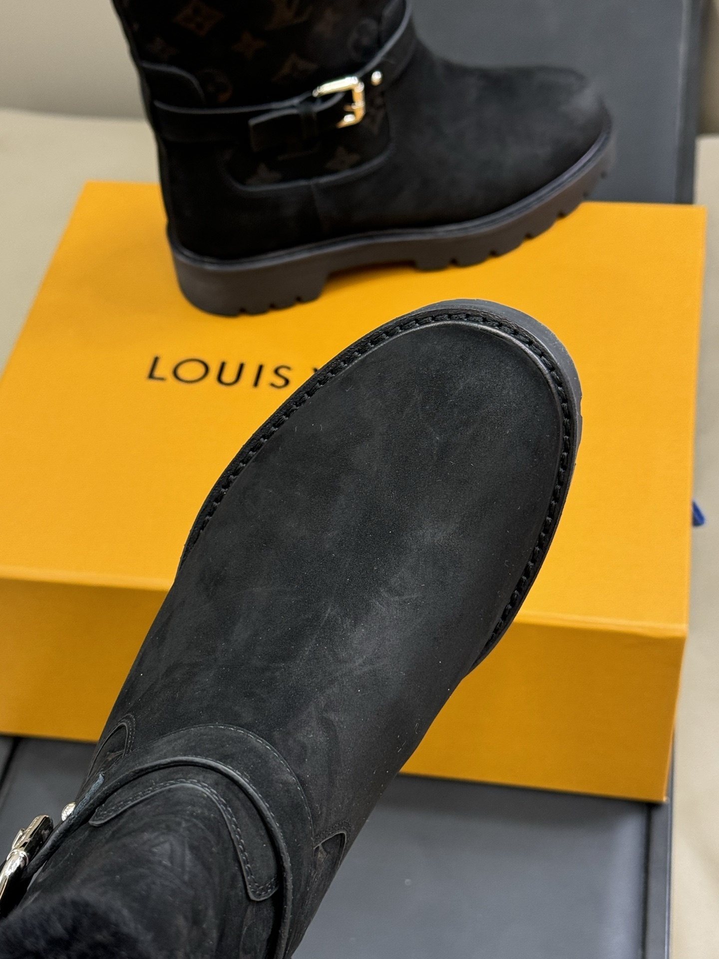 LV Monogram Black Suede Shearling Boots with Buckle Strap