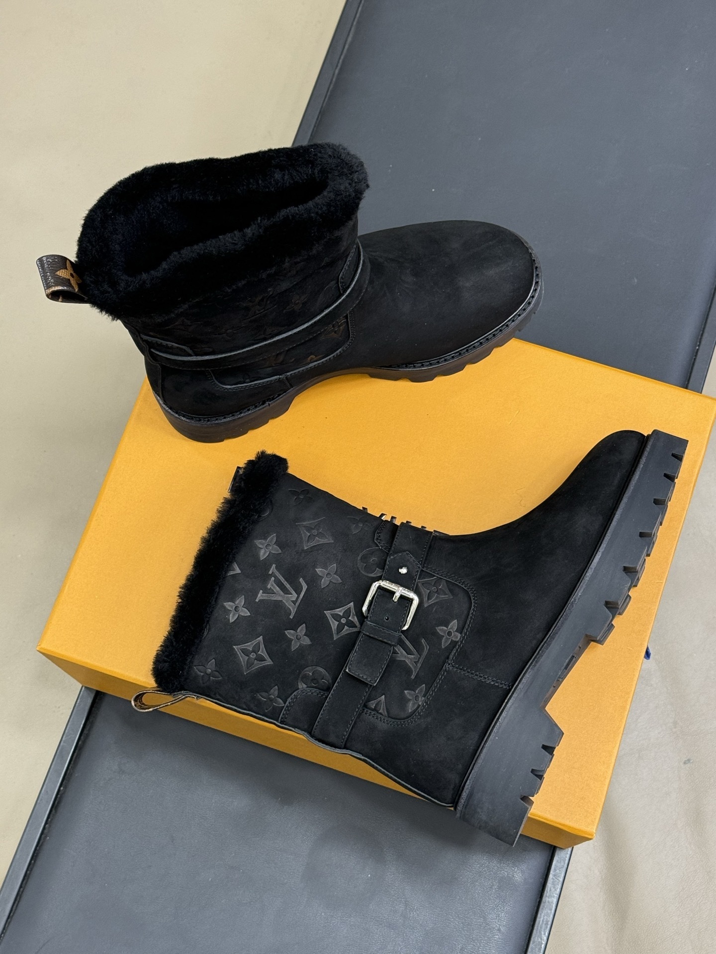 LV Monogram Black Suede Shearling Boots with Buckle Strap