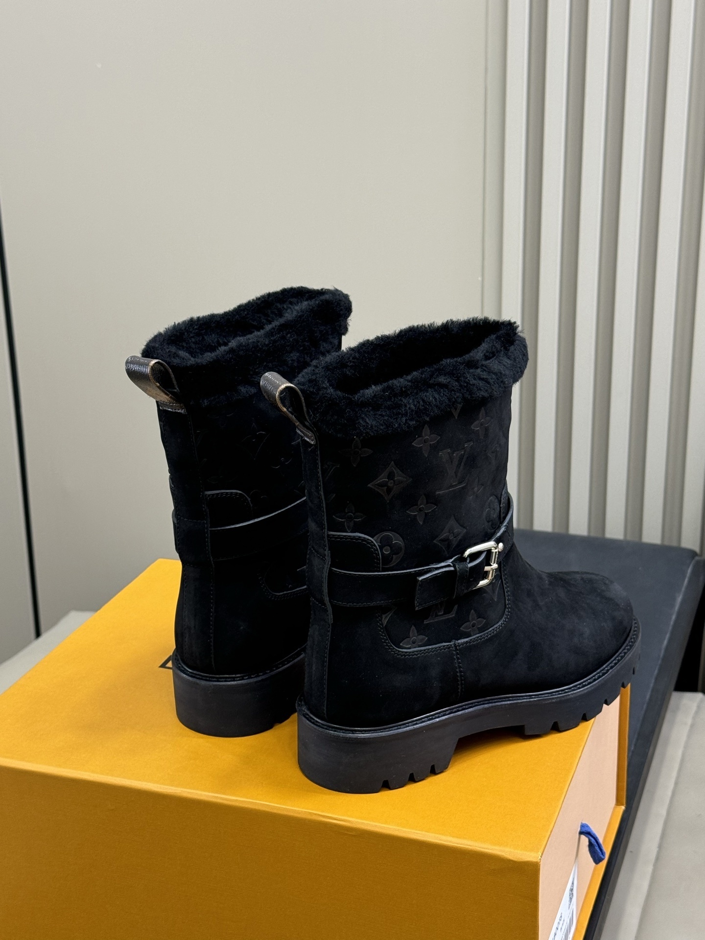LV Monogram Black Suede Shearling Boots with Buckle Strap
