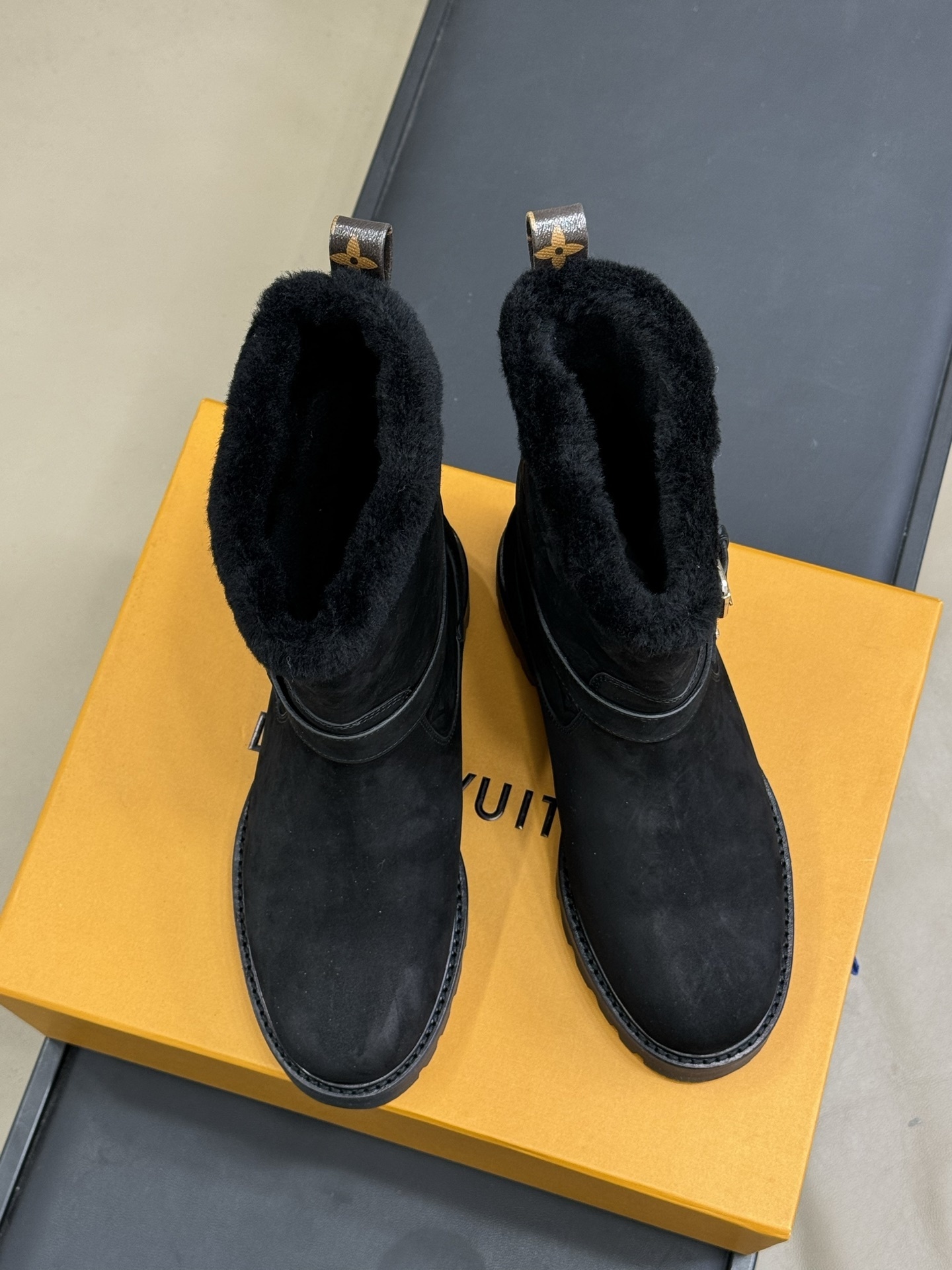 LV Monogram Black Suede Shearling Boots with Buckle Strap