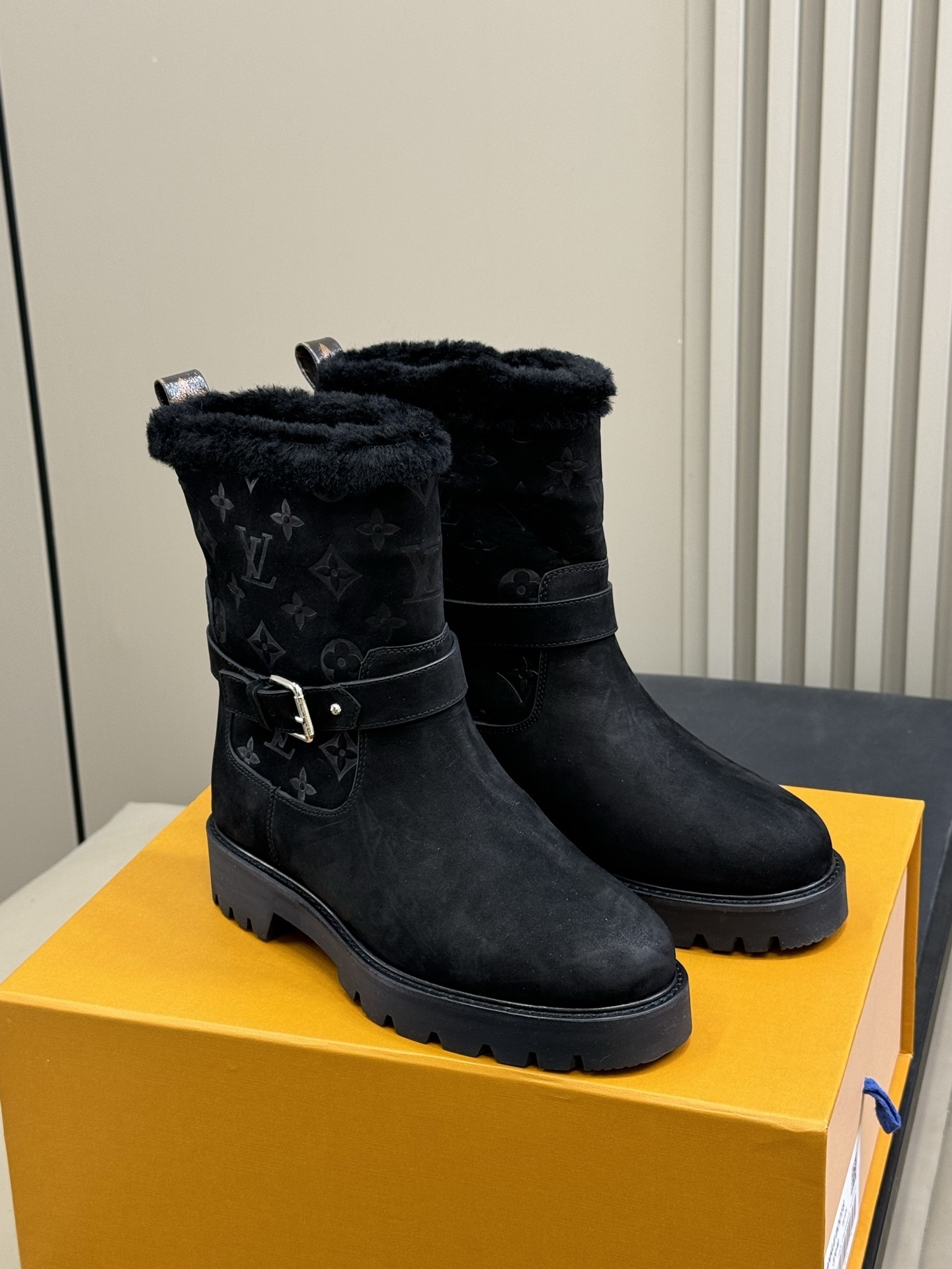 LV Monogram Black Suede Shearling Boots with Buckle Strap