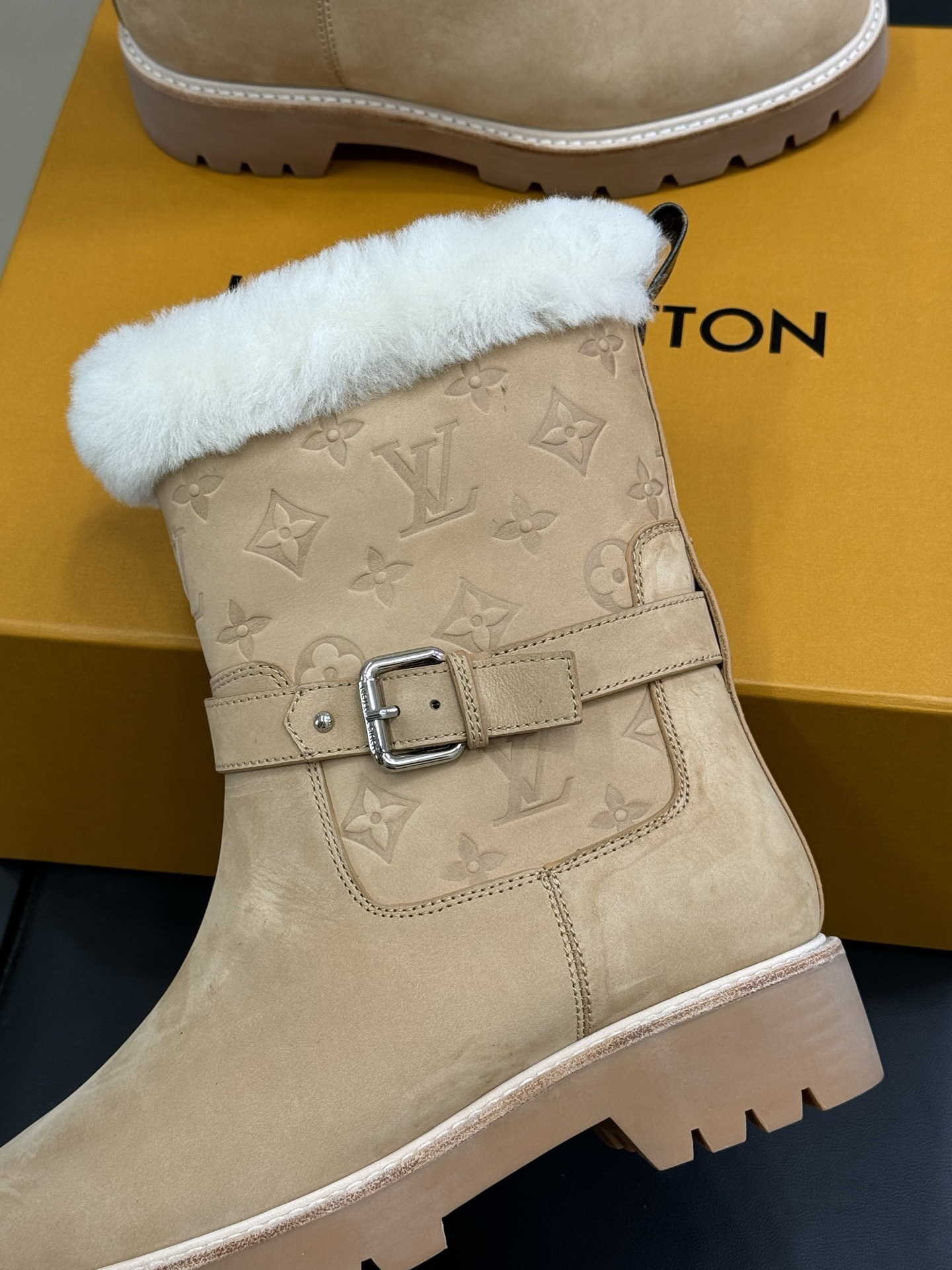 Louis Vuitton Monogram Embossed Suede Shearling Winter Boots