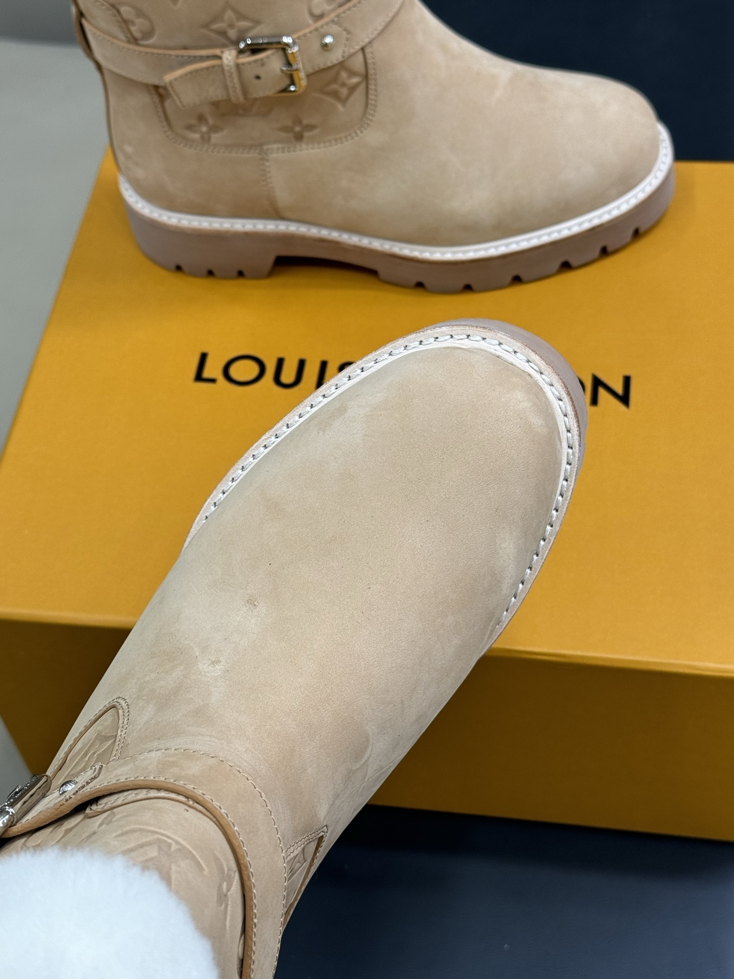 Louis Vuitton Monogram Embossed Suede Shearling Winter Boots