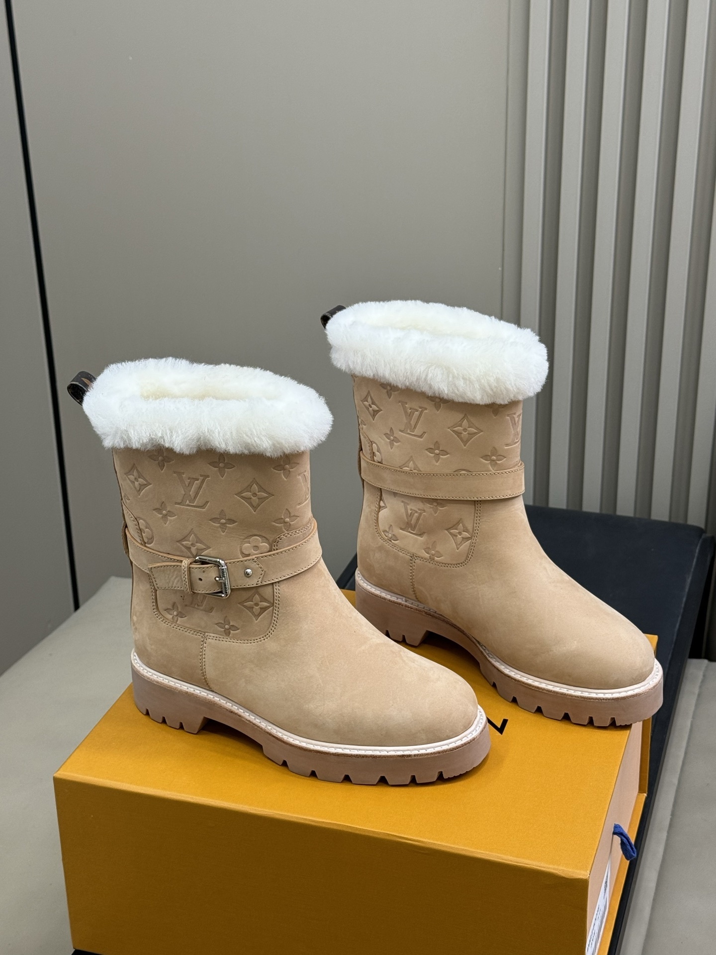 Louis Vuitton Monogram Embossed Suede Shearling Winter Boots