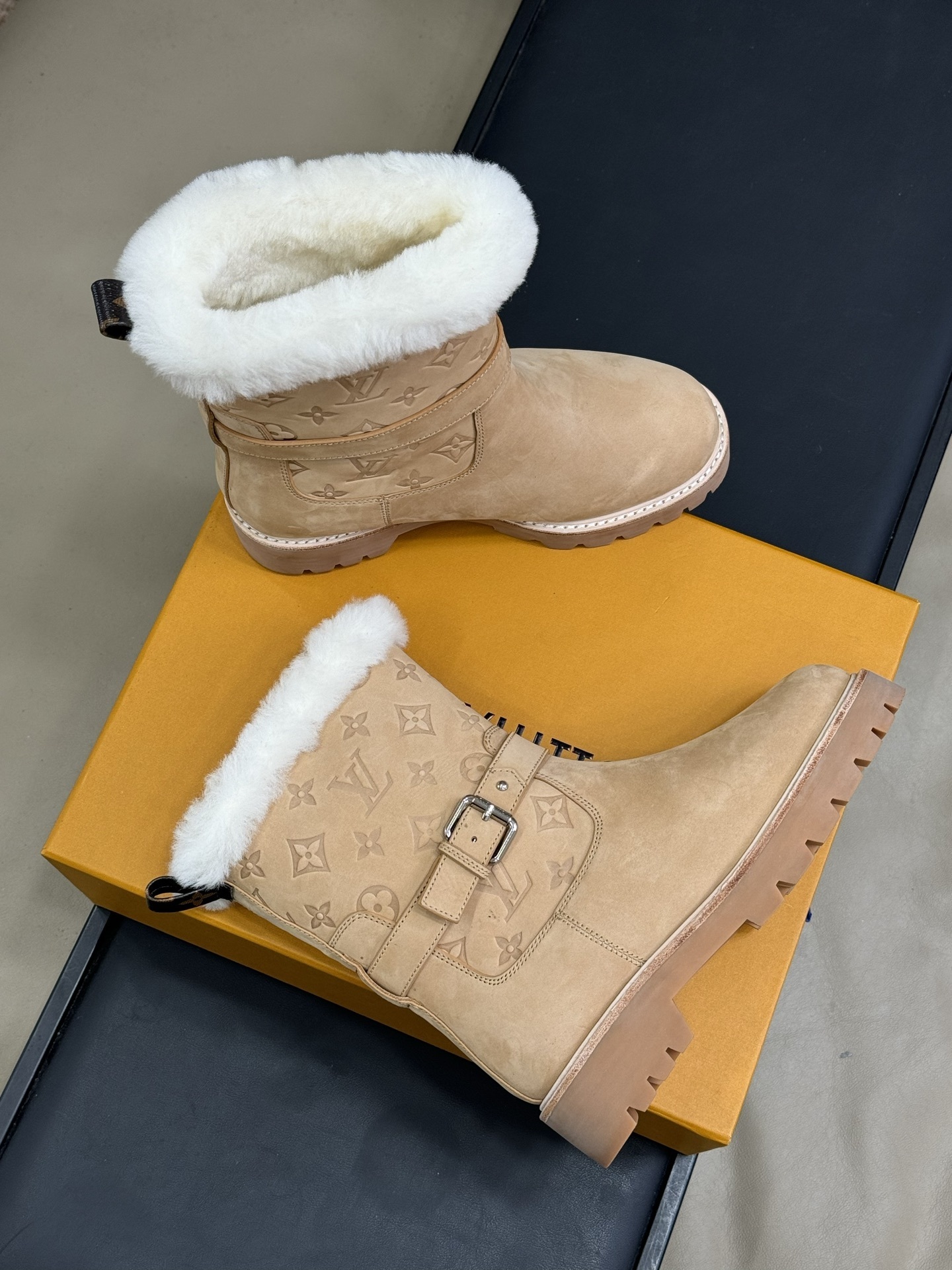 Louis Vuitton Monogram Embossed Suede Shearling Winter Boots