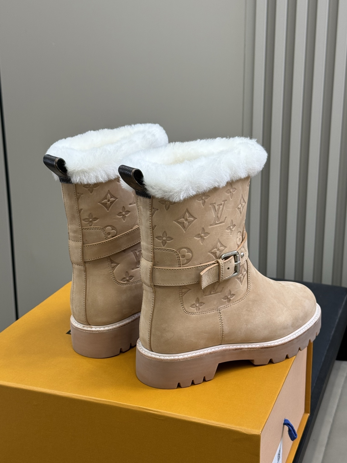 Louis Vuitton Monogram Embossed Suede Shearling Winter Boots
