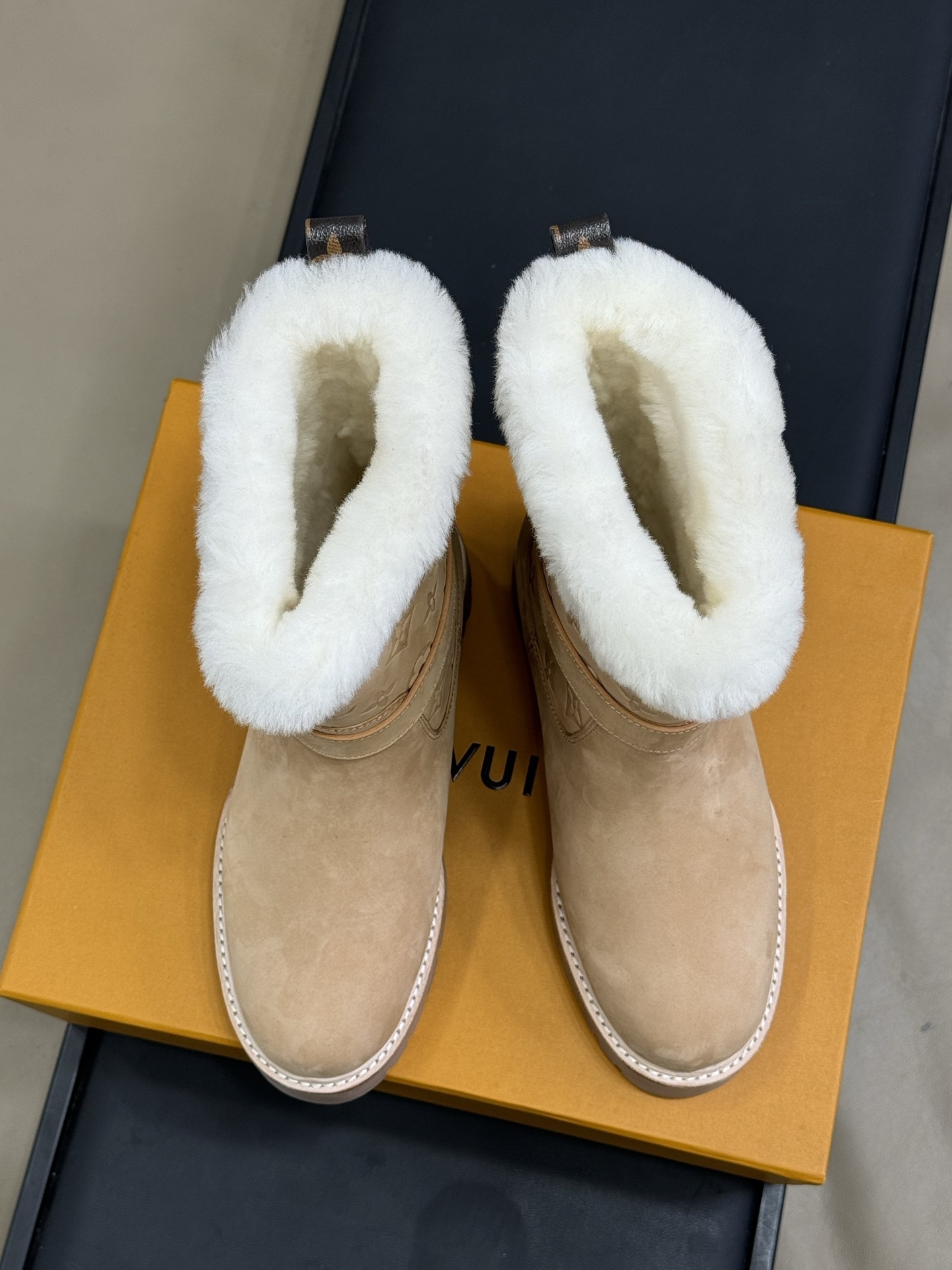 Louis Vuitton Monogram Embossed Suede Shearling Winter Boots