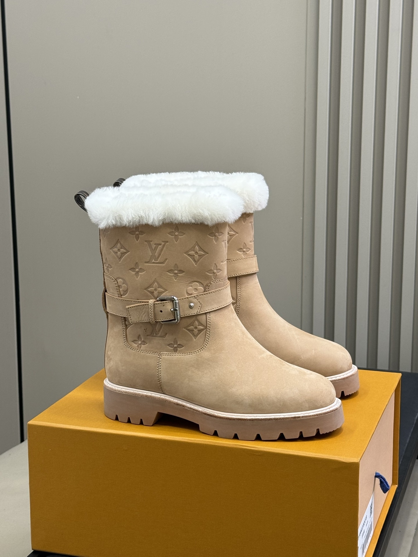Louis Vuitton Monogram Embossed Suede Shearling Winter Boots