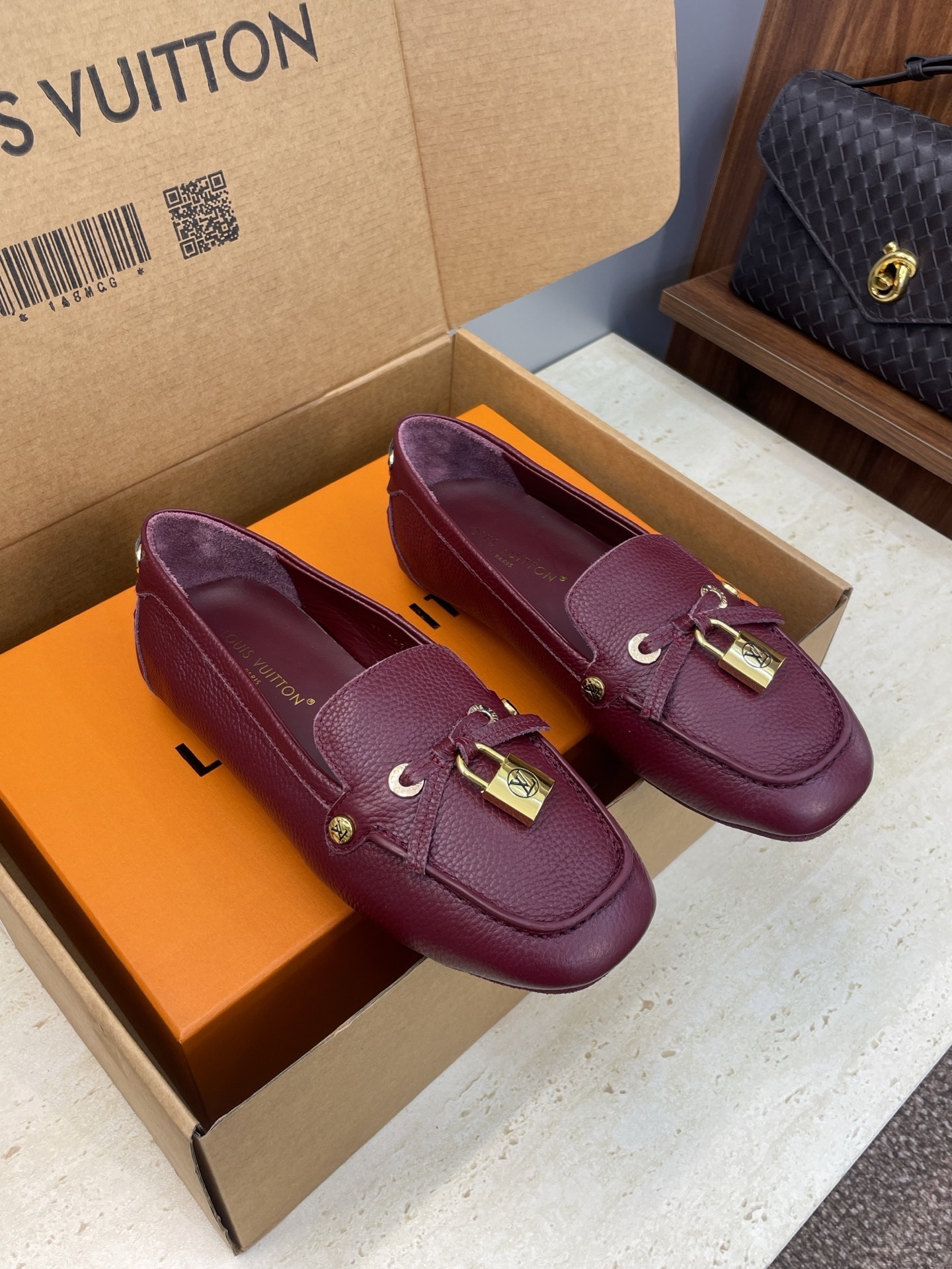 Louis Vuitton Gloria Flat Loafers in Burgundy Grained Leather