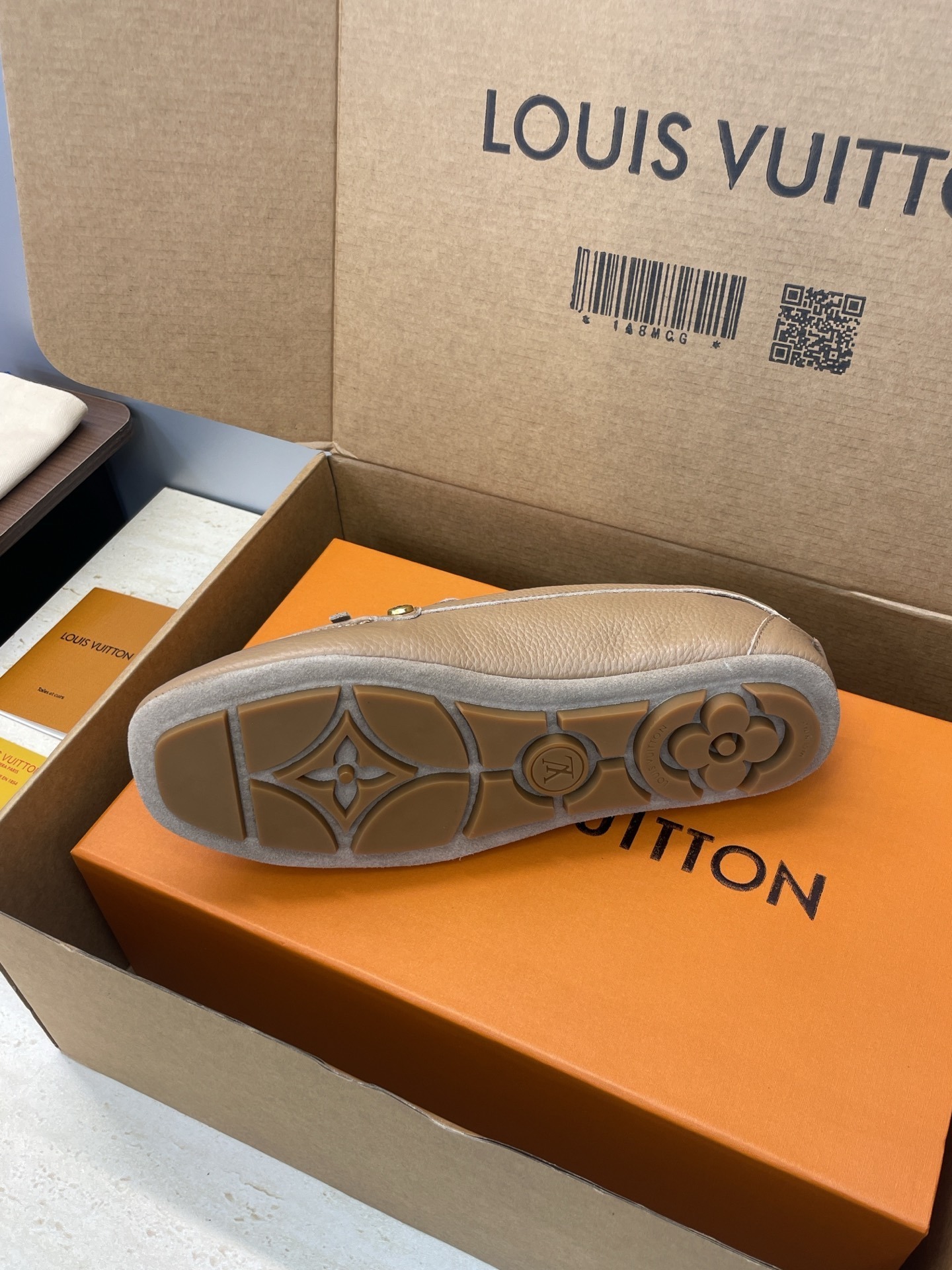 Louis Vuitton Beige Leather Loafers with Gold Padlock Detail