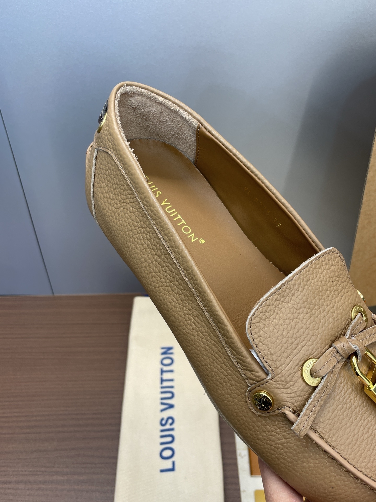 Louis Vuitton Beige Leather Loafers with Gold Padlock Detail