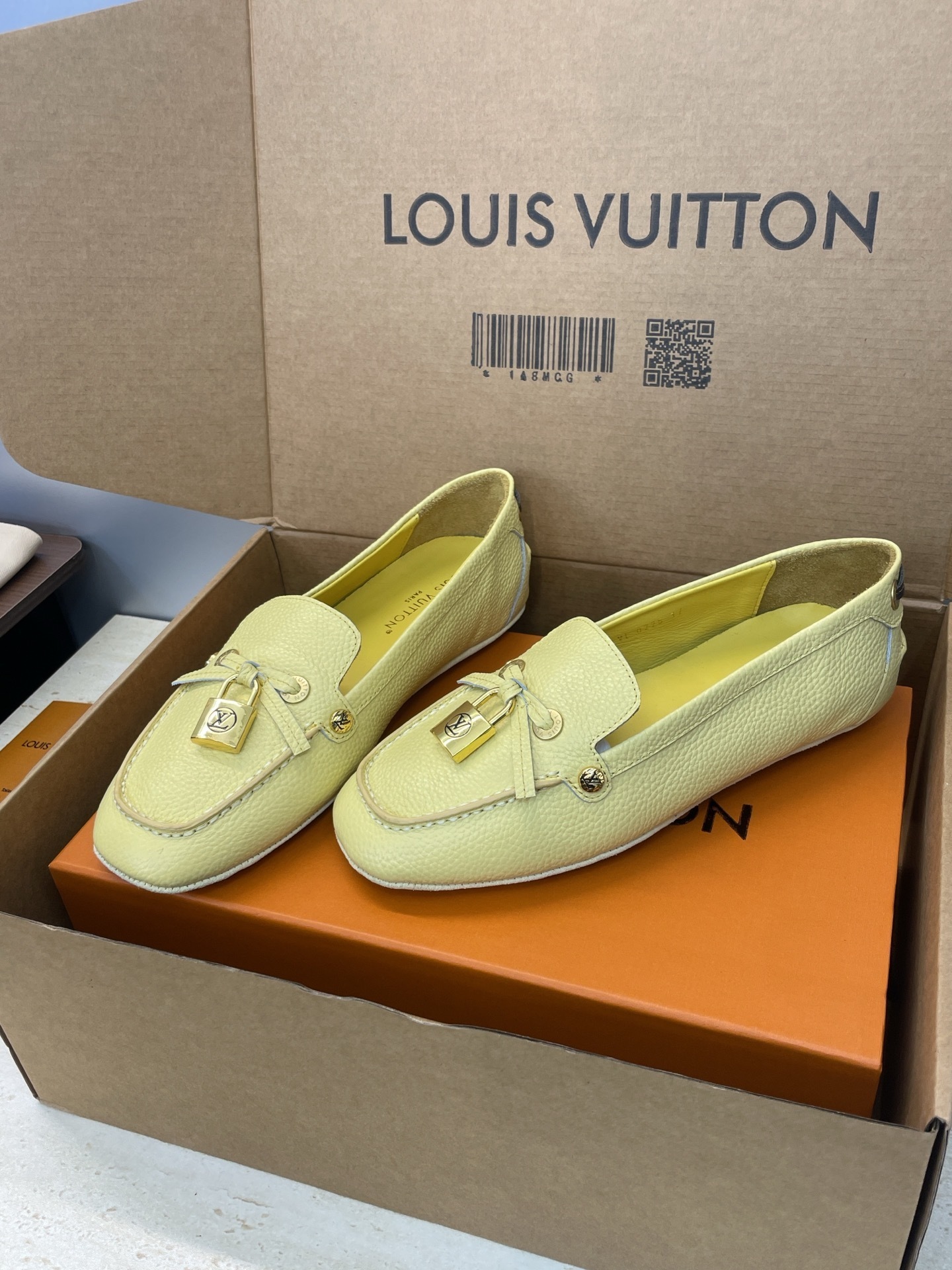 Louis Vuitton Yellow Grained Leather Padlock Loafers