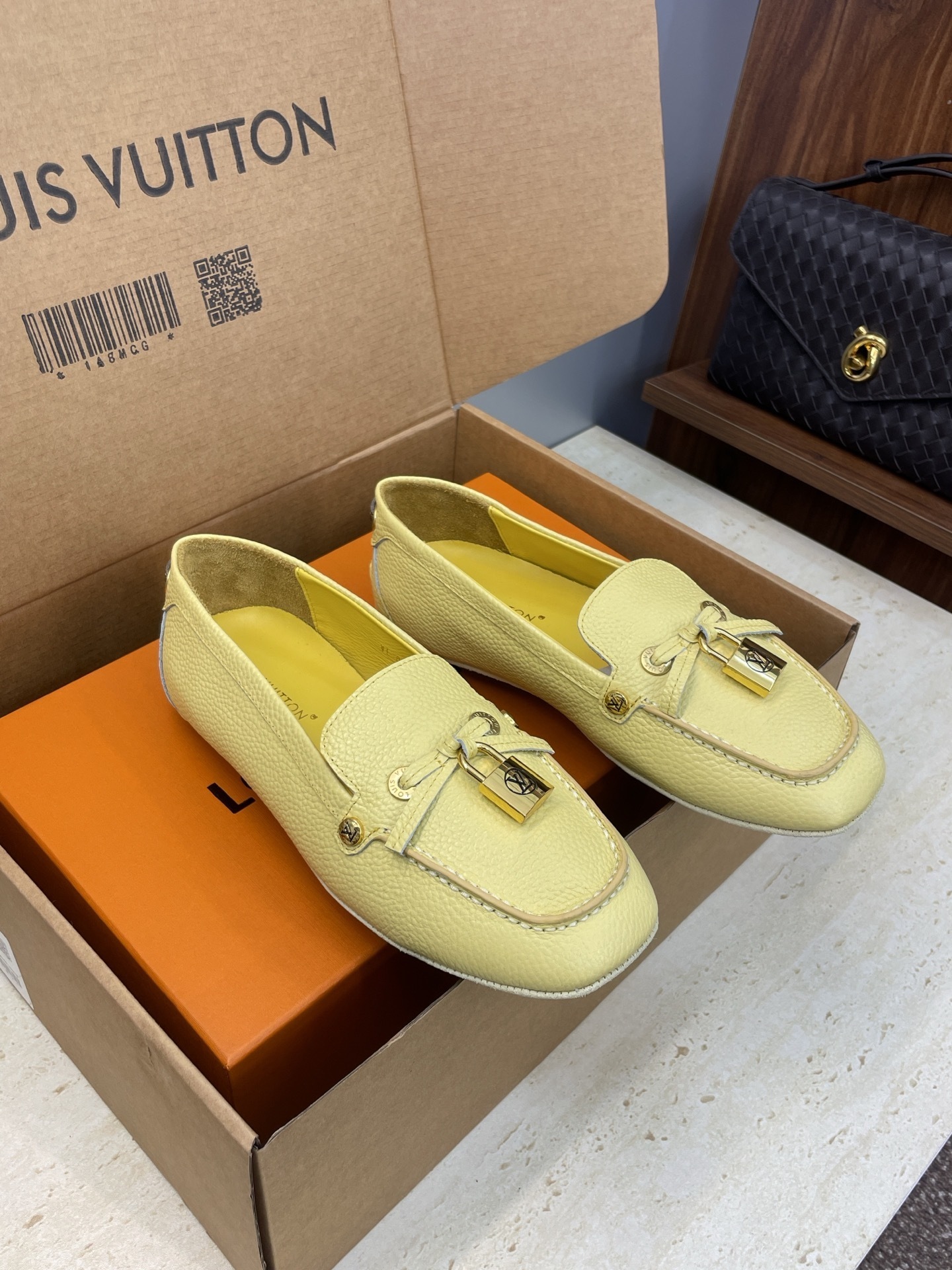Louis Vuitton Yellow Grained Leather Padlock Loafers