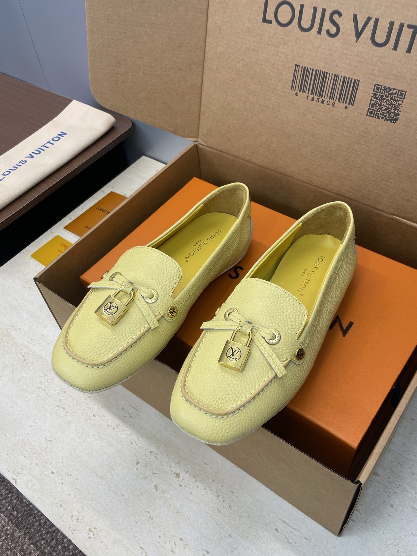 Louis Vuitton Yellow Grained Leather Padlock Loafers