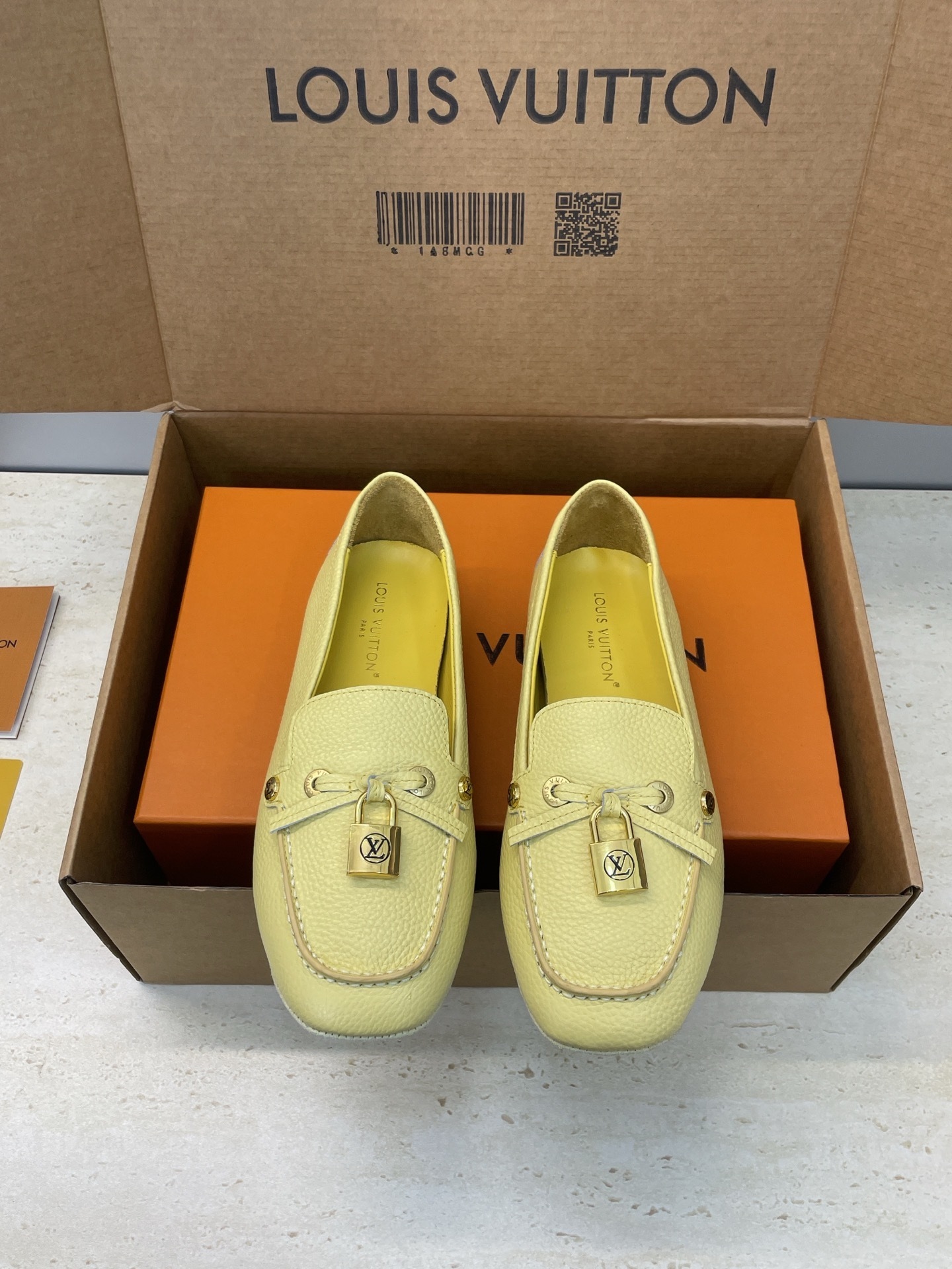 Louis Vuitton Yellow Grained Leather Padlock Loafers