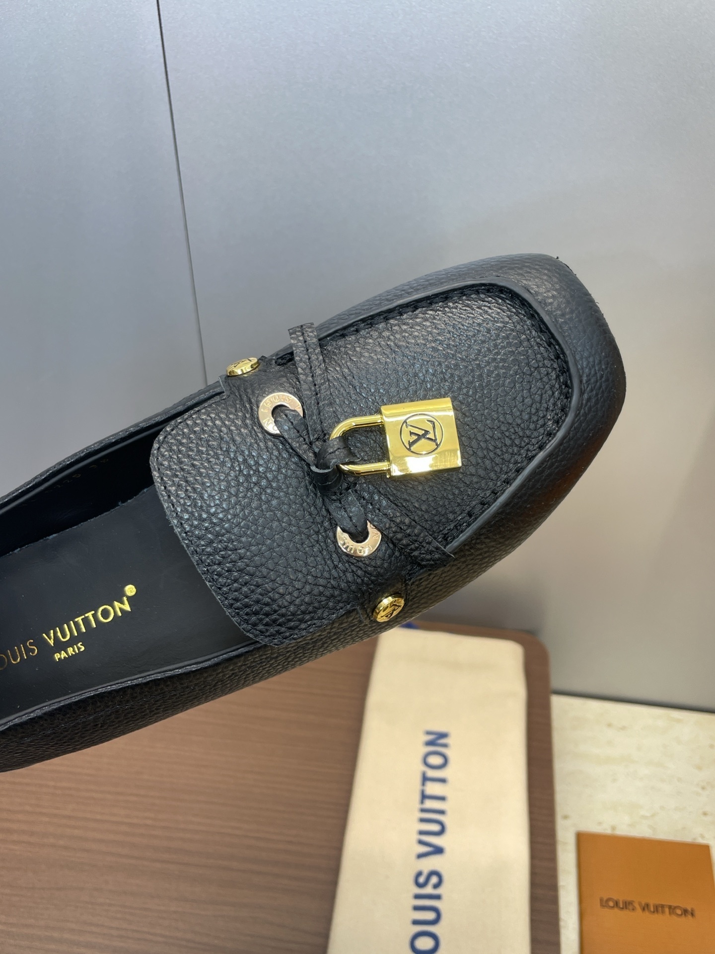Louis Vuitton Black Grained Calfskin Academy Loafers with Padlock