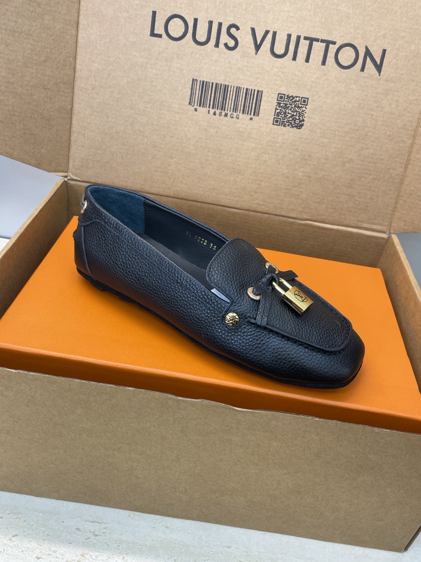 Louis Vuitton Black Grained Calfskin Academy Loafers with Padlock