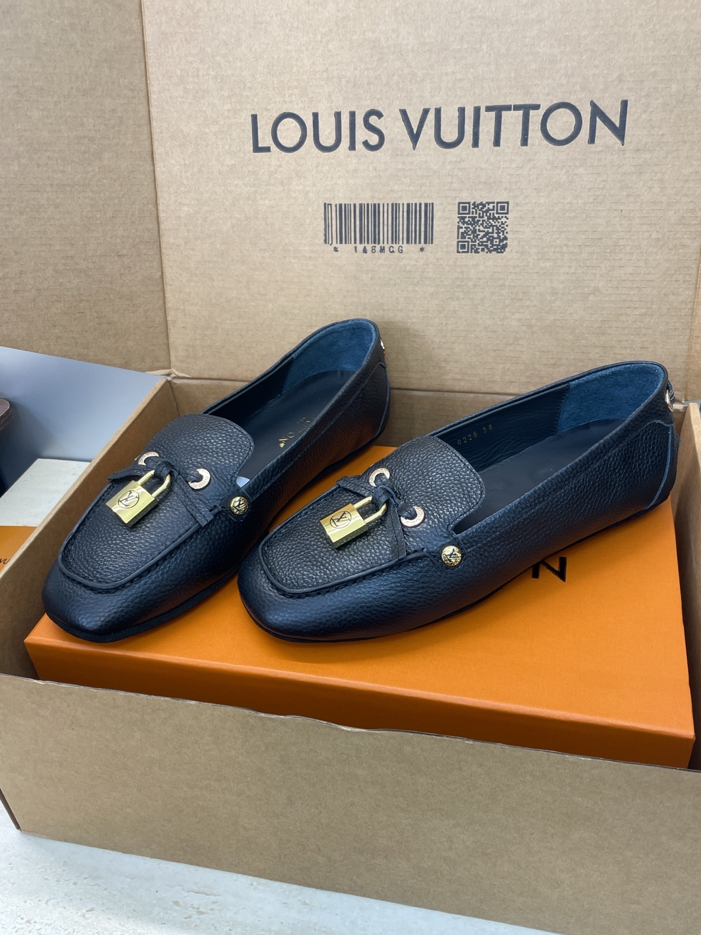 Louis Vuitton Black Grained Calfskin Academy Loafers with Padlock