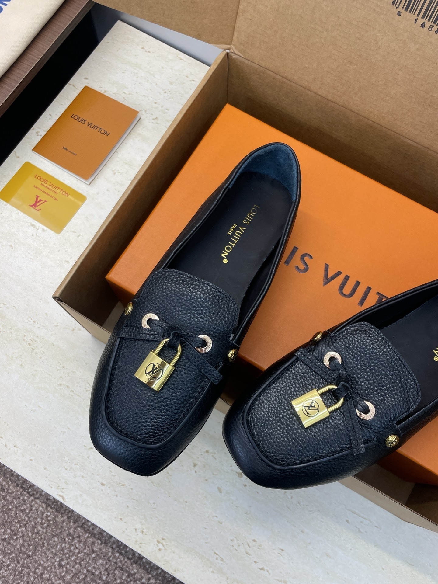 Louis Vuitton Black Grained Calfskin Academy Loafers with Padlock