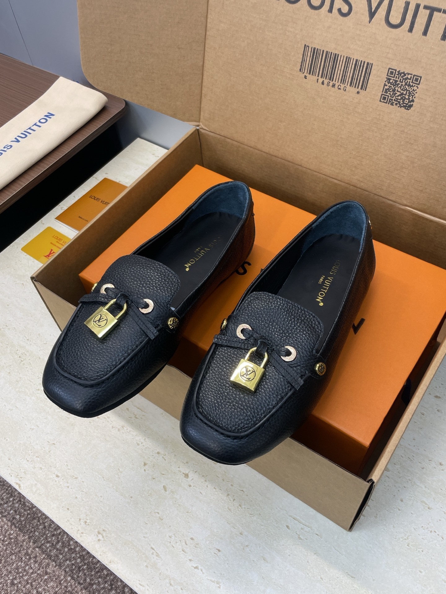 Louis Vuitton Black Grained Calfskin Academy Loafers with Padlock