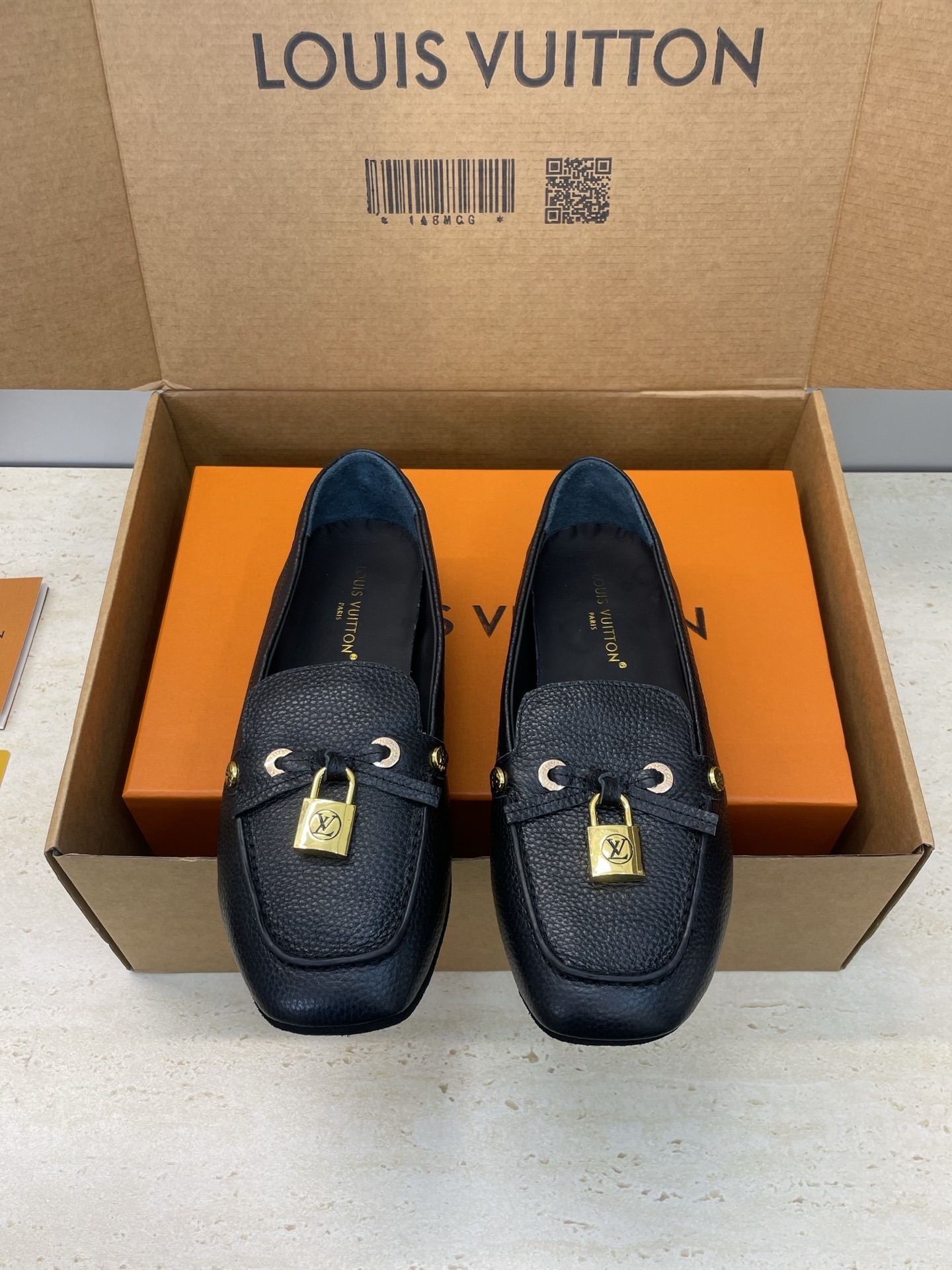 Louis Vuitton Black Grained Calfskin Academy Loafers with Padlock