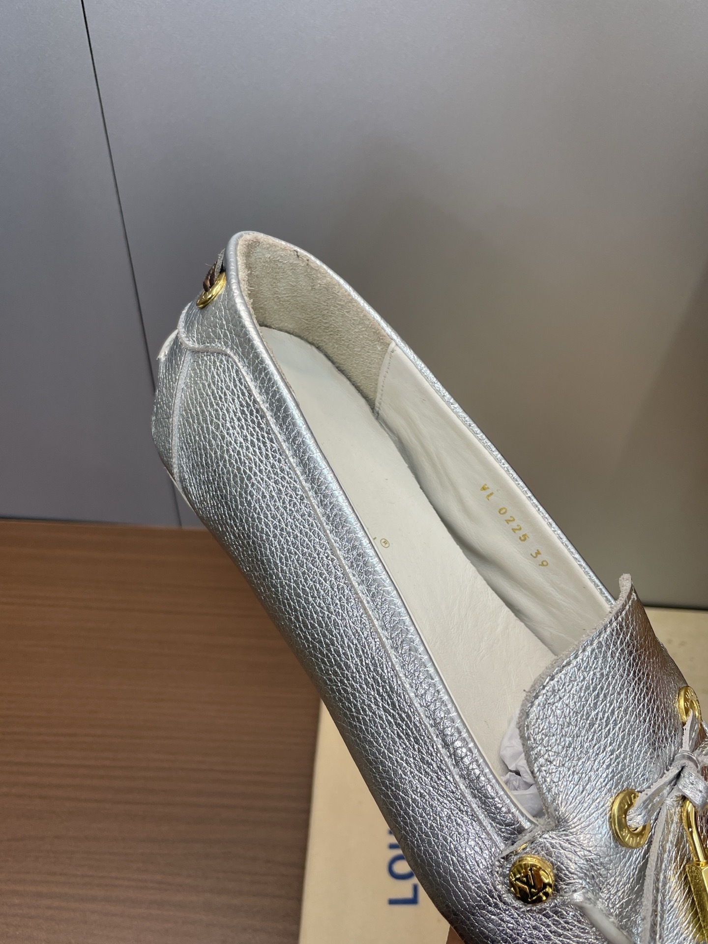 Louis Vuitton Silver Metallic Leather Loafers with LV Padlock