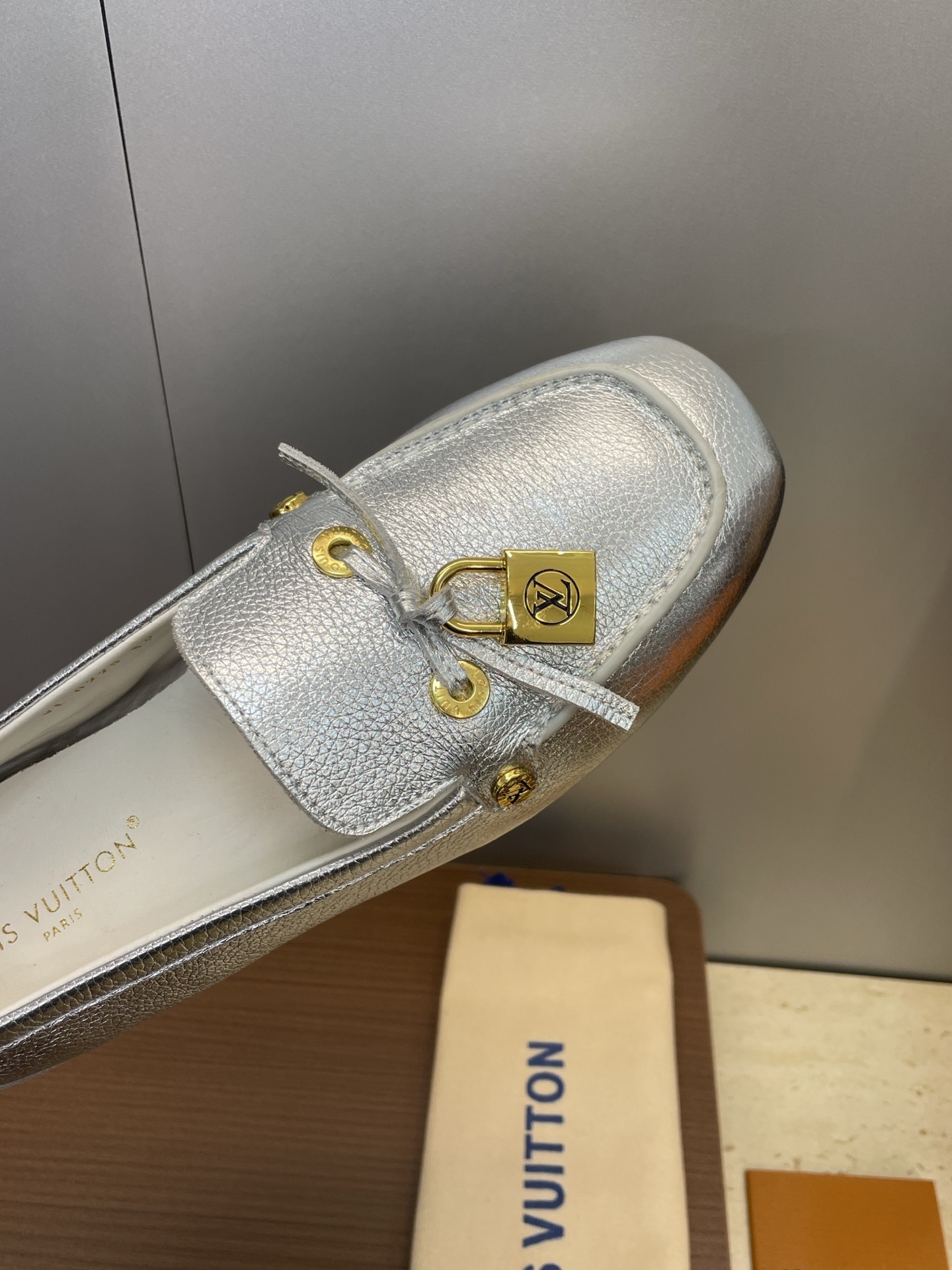Louis Vuitton Silver Metallic Leather Loafers with LV Padlock