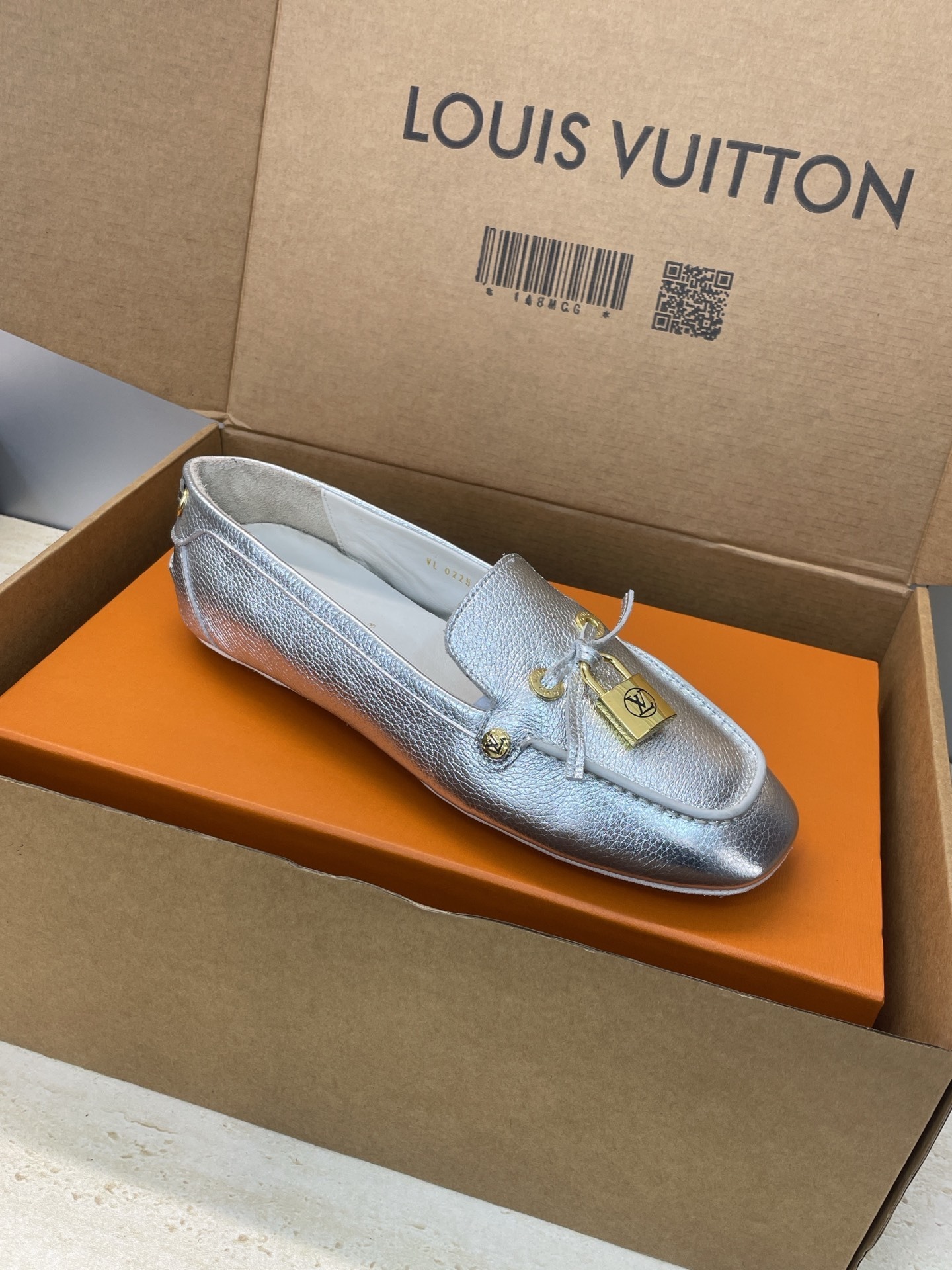 Louis Vuitton Silver Metallic Leather Loafers with LV Padlock