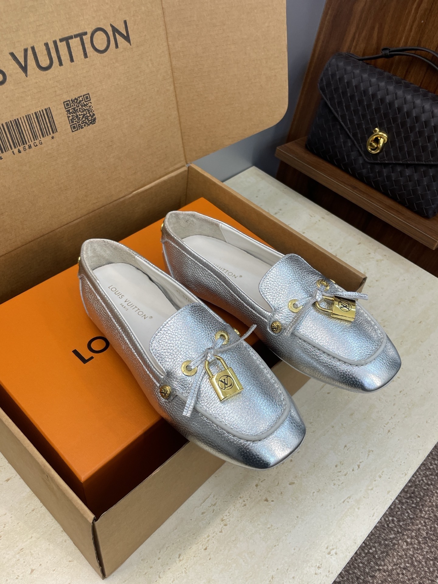 Louis Vuitton Silver Metallic Leather Loafers with LV Padlock