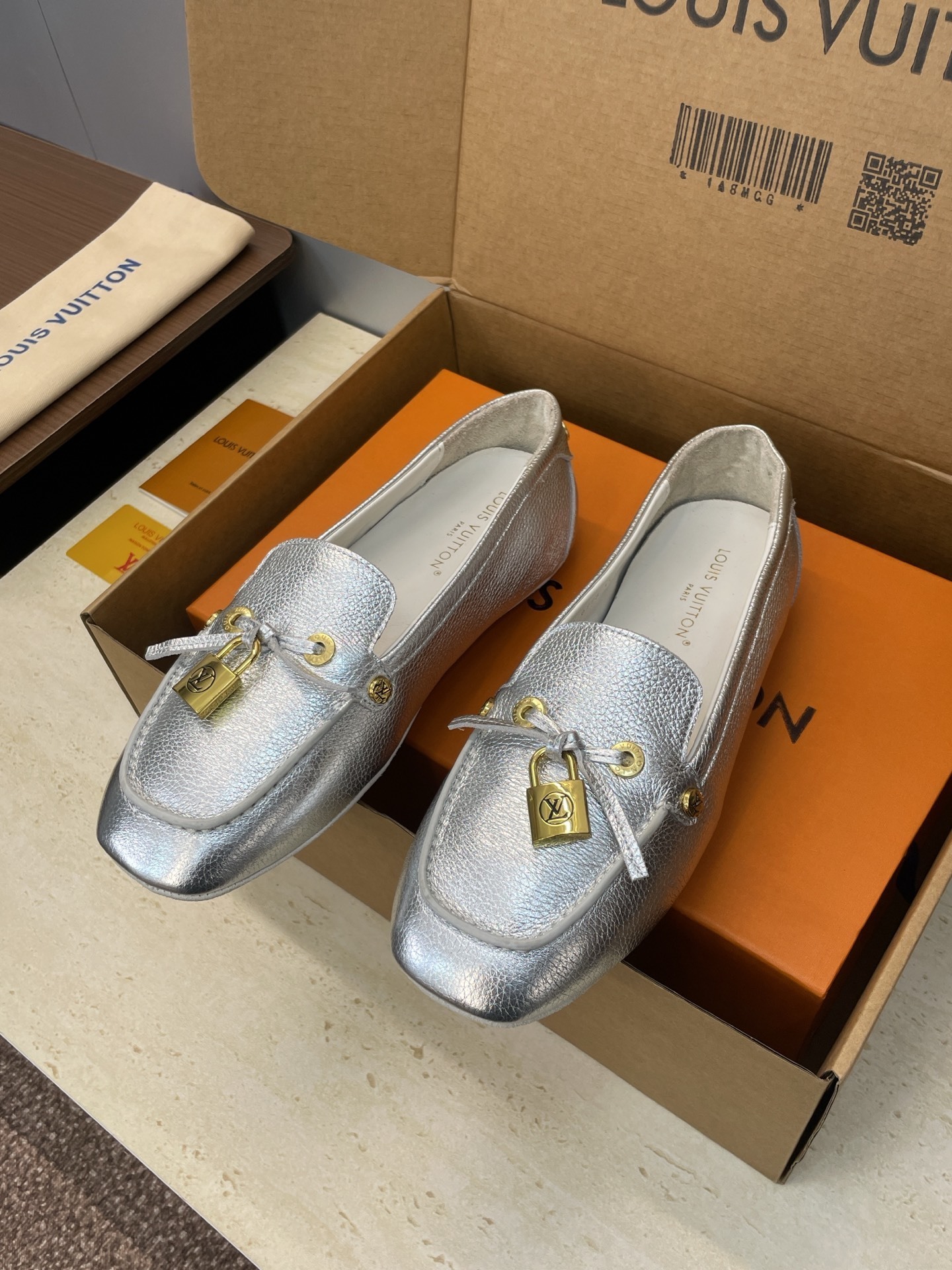 Louis Vuitton Silver Metallic Leather Loafers with LV Padlock