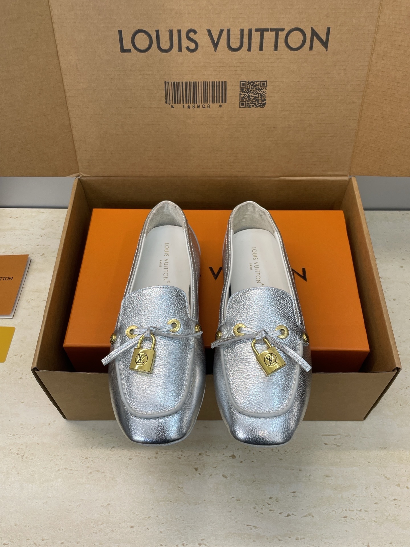 Louis Vuitton Silver Metallic Leather Loafers with LV Padlock