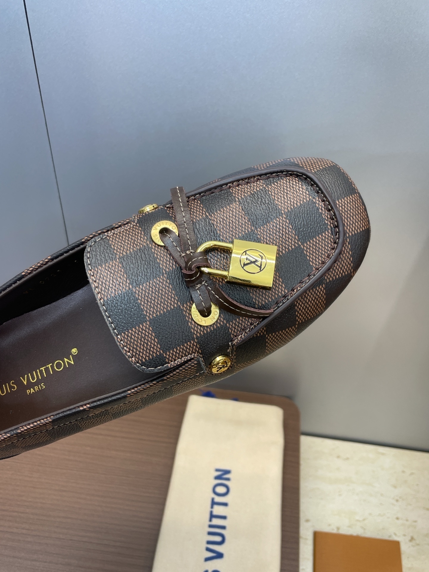 Louis Vuitton Damier Ebene Glory Loafers with Gold Padlock