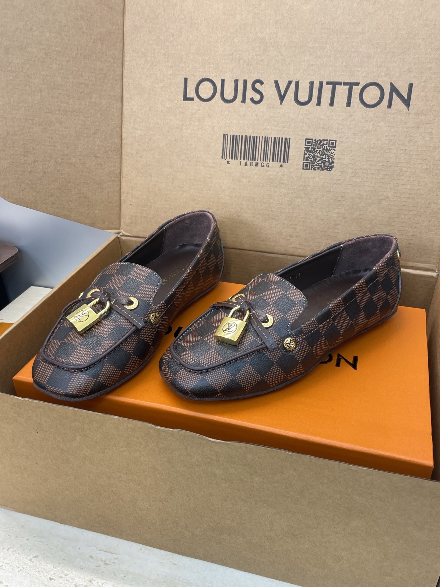 Louis Vuitton Damier Ebene Glory Loafers with Gold Padlock