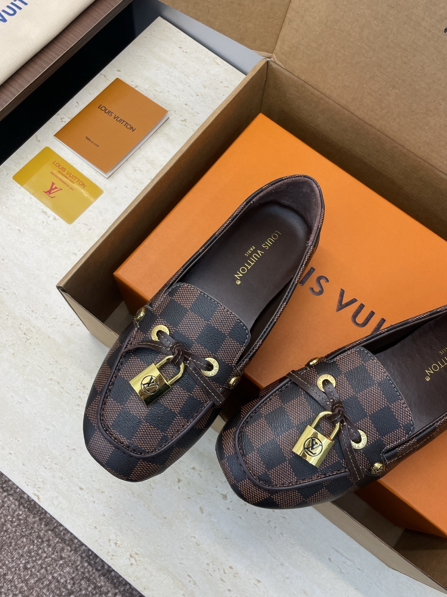 Louis Vuitton Damier Ebene Glory Loafers with Gold Padlock