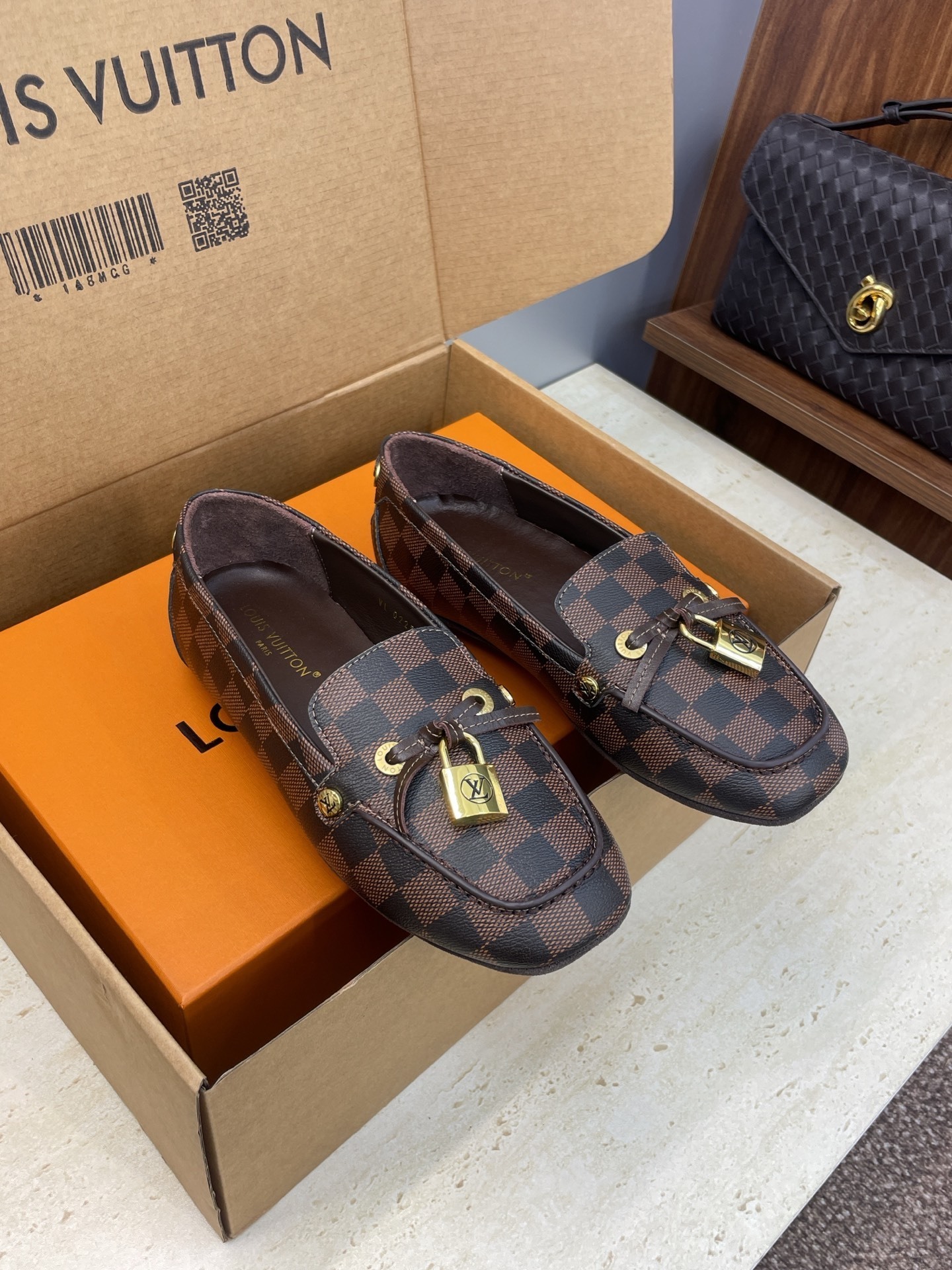 Louis Vuitton Damier Ebene Glory Loafers with Gold Padlock