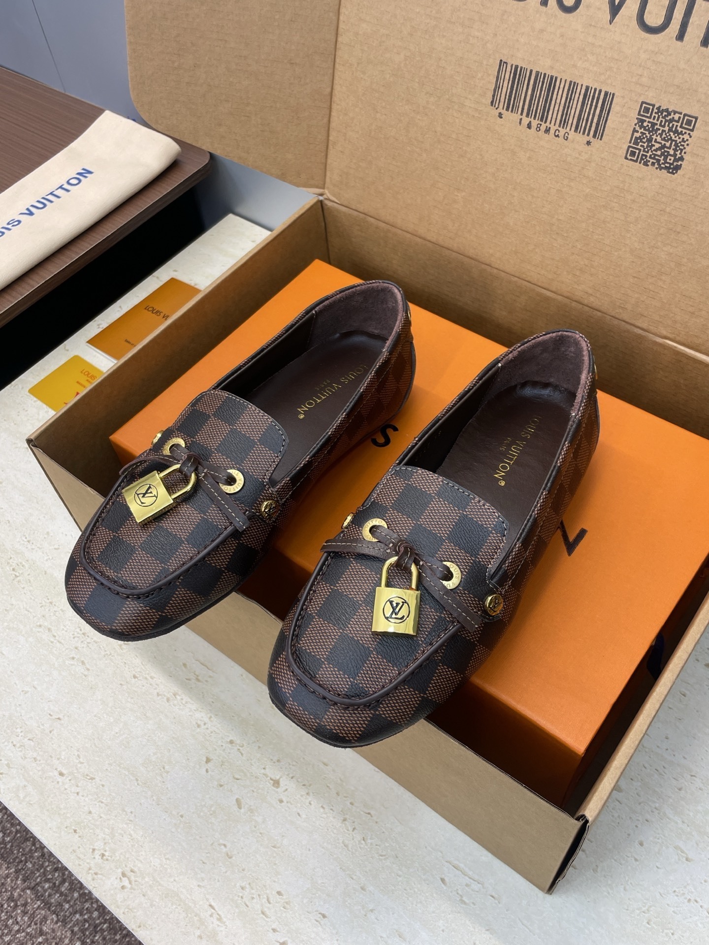 Louis Vuitton Damier Ebene Glory Loafers with Gold Padlock