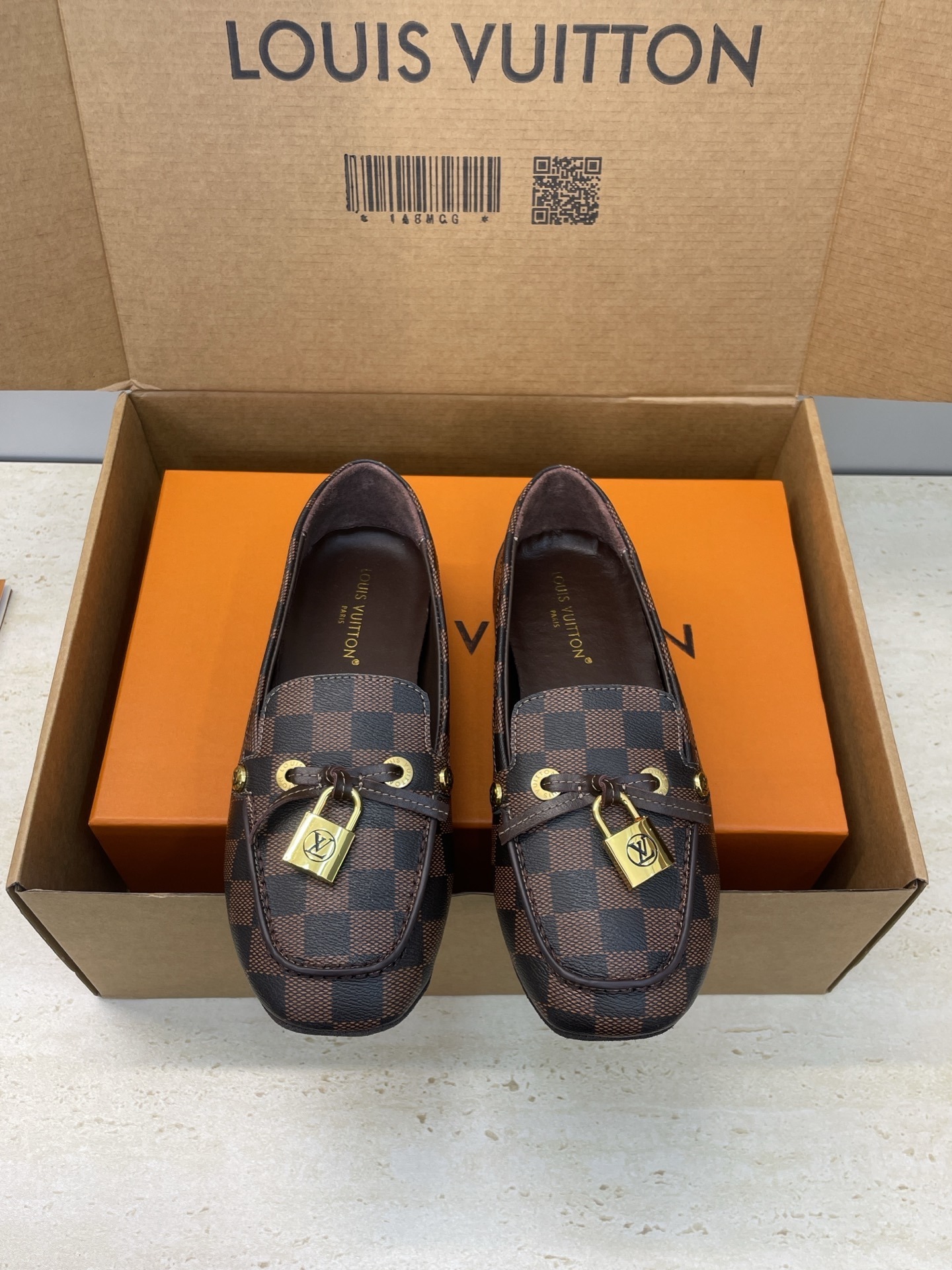 Louis Vuitton Damier Ebene Glory Loafers with Gold Padlock