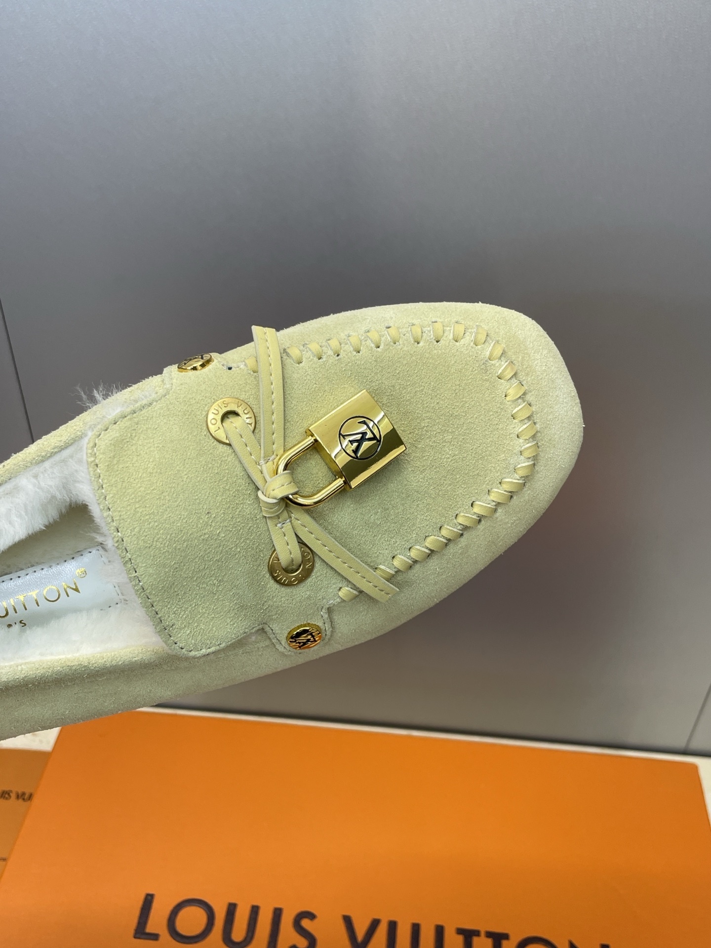 Louis Vuitton Suede Moccasins with Shearling Lining and LV Padlock