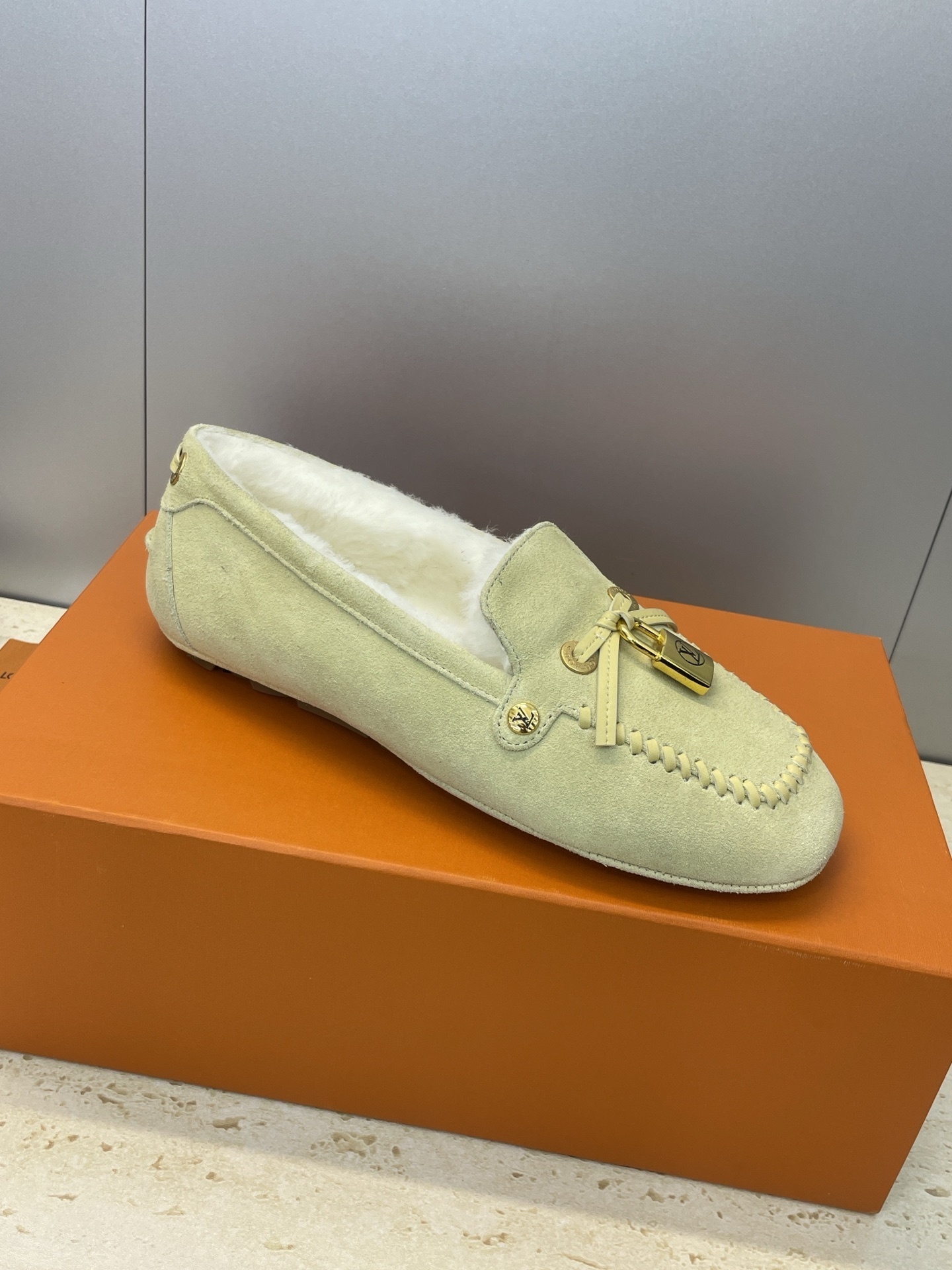 Louis Vuitton Suede Moccasins with Shearling Lining and LV Padlock