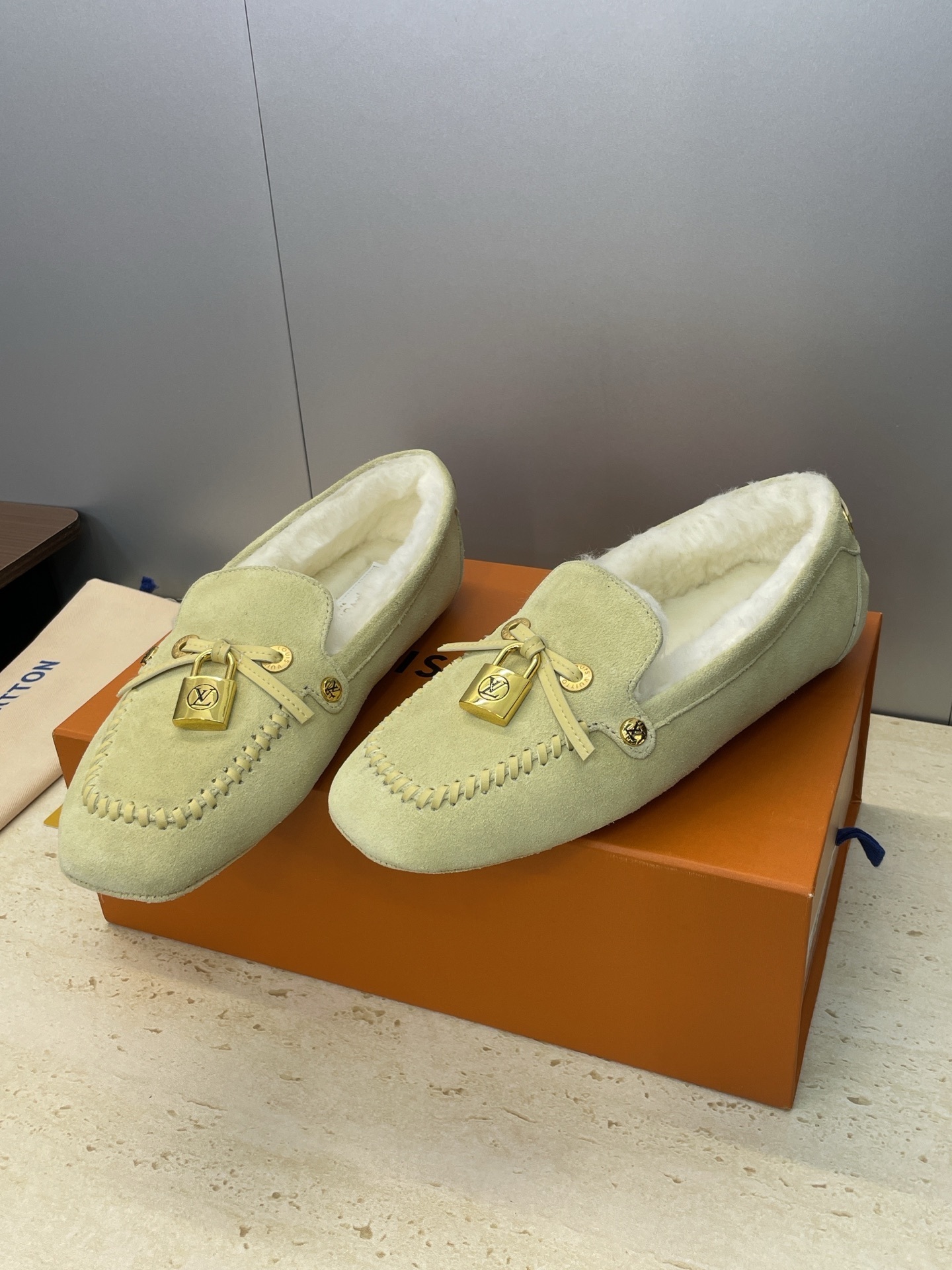 Louis Vuitton Suede Moccasins with Shearling Lining and LV Padlock